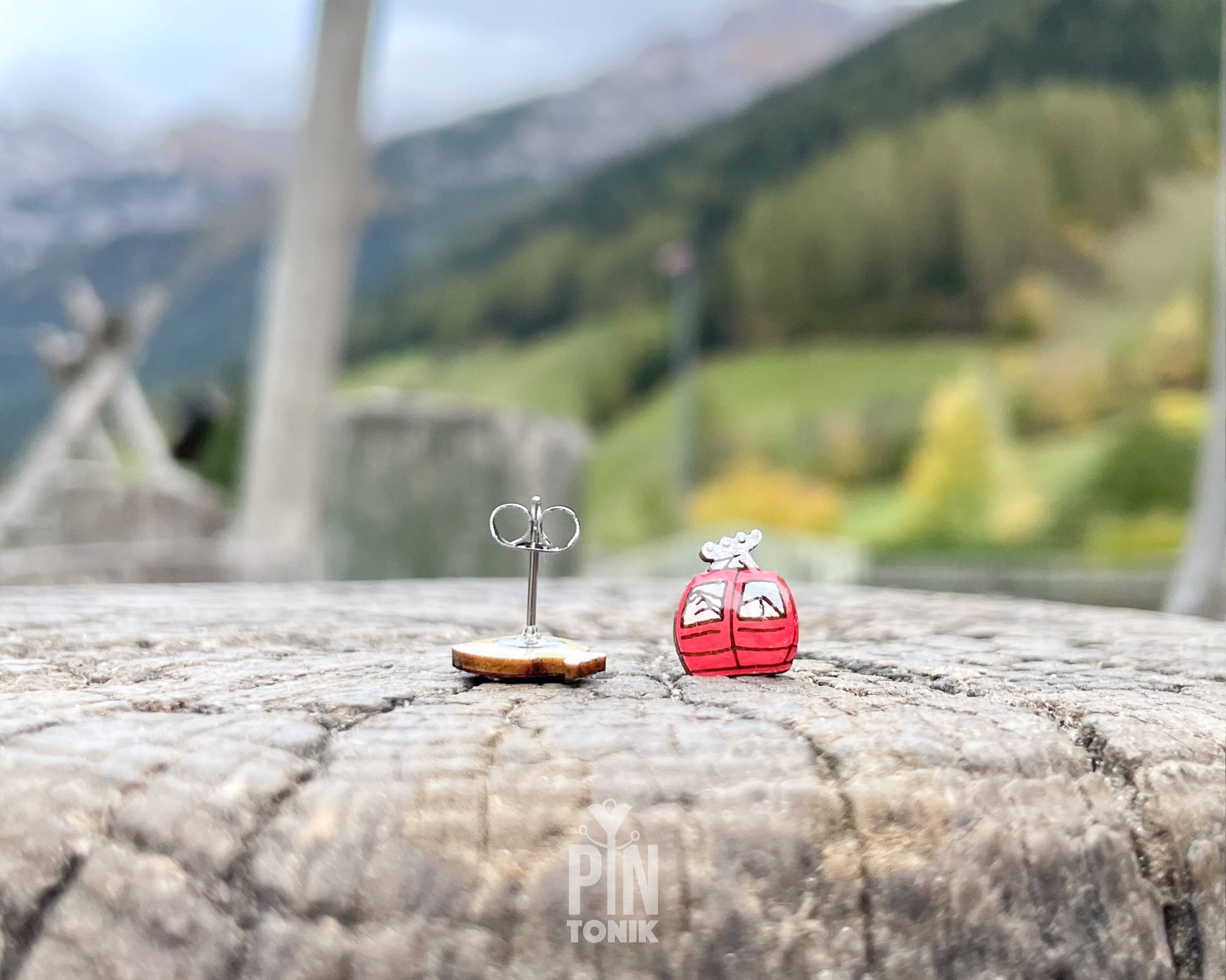 Ski Gondola Stud Earrings - Fun Apres Ski Wood Earrings
