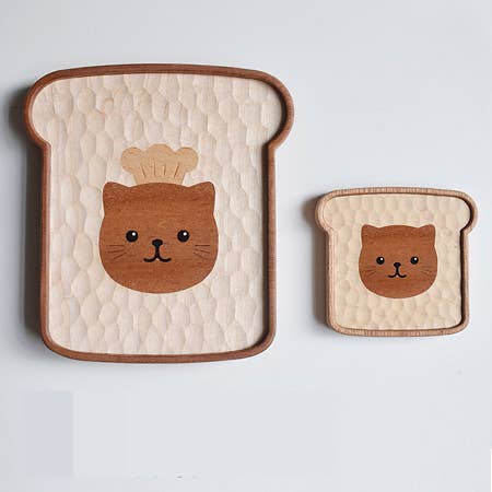 Toast Cat hand-carved wooden plate and coaster