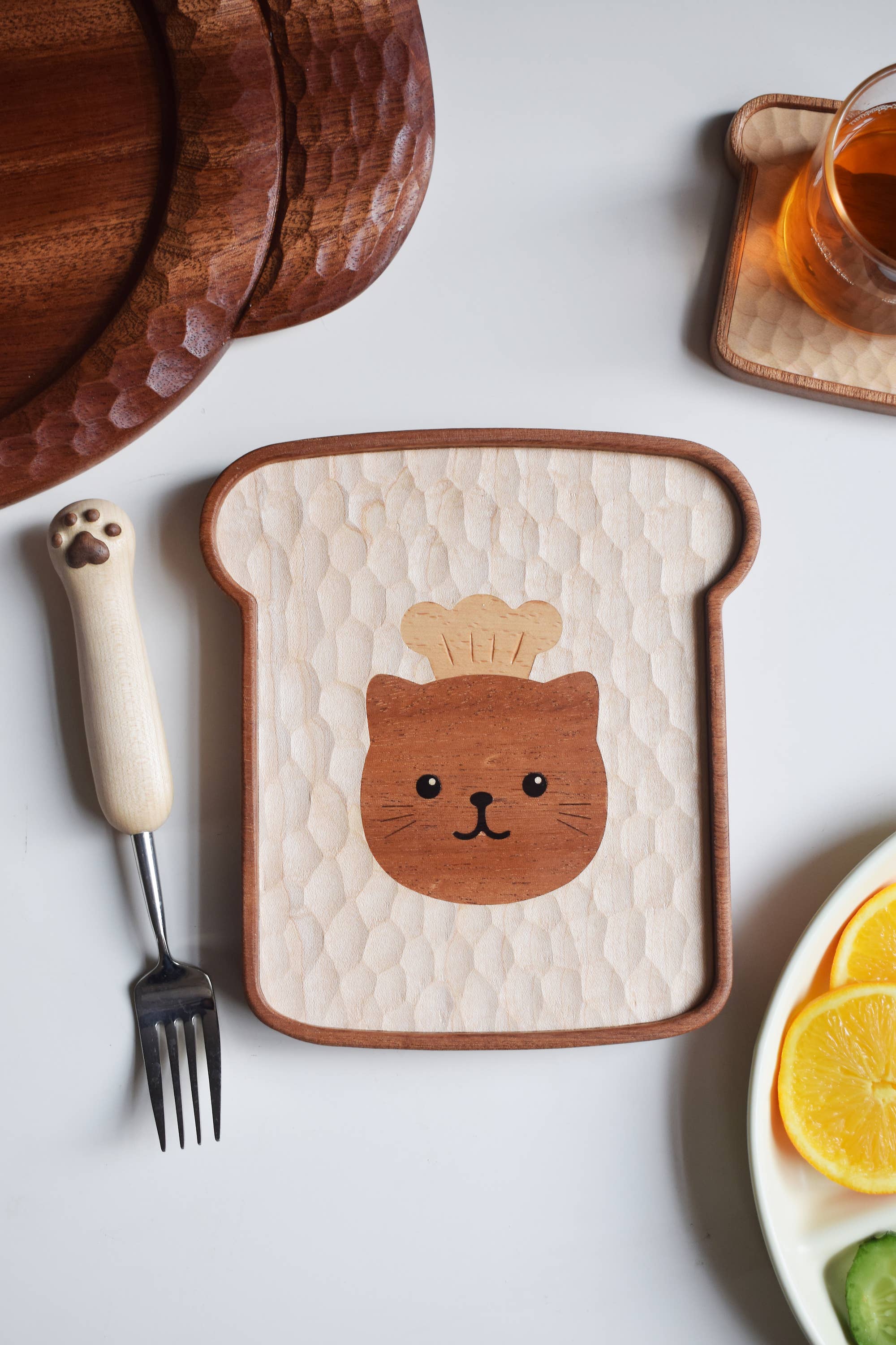 Toast Cat hand-carved wooden plate and coaster