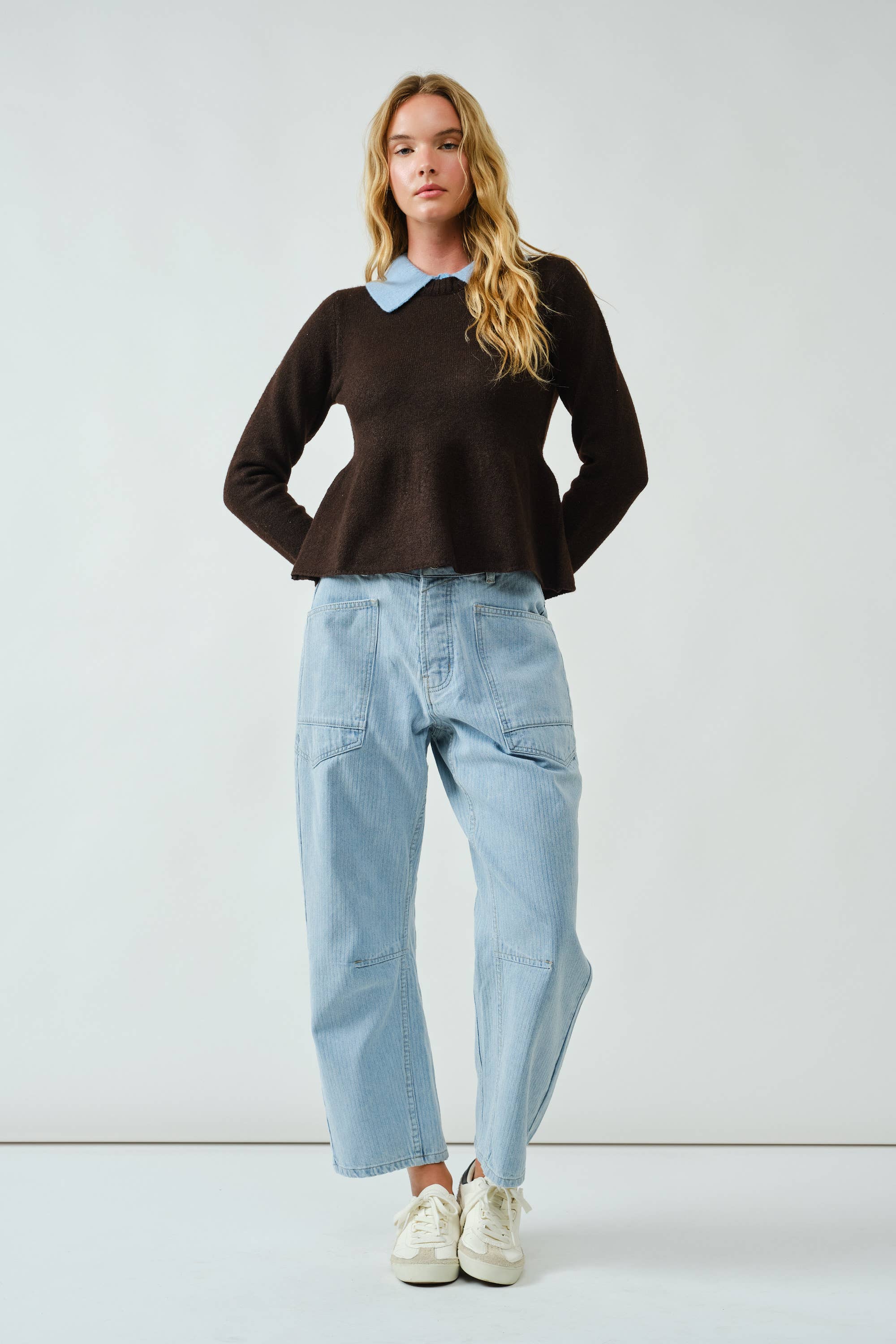 AJT5025 PEPLUM SWEATER WITH CONTRAST COLLAR