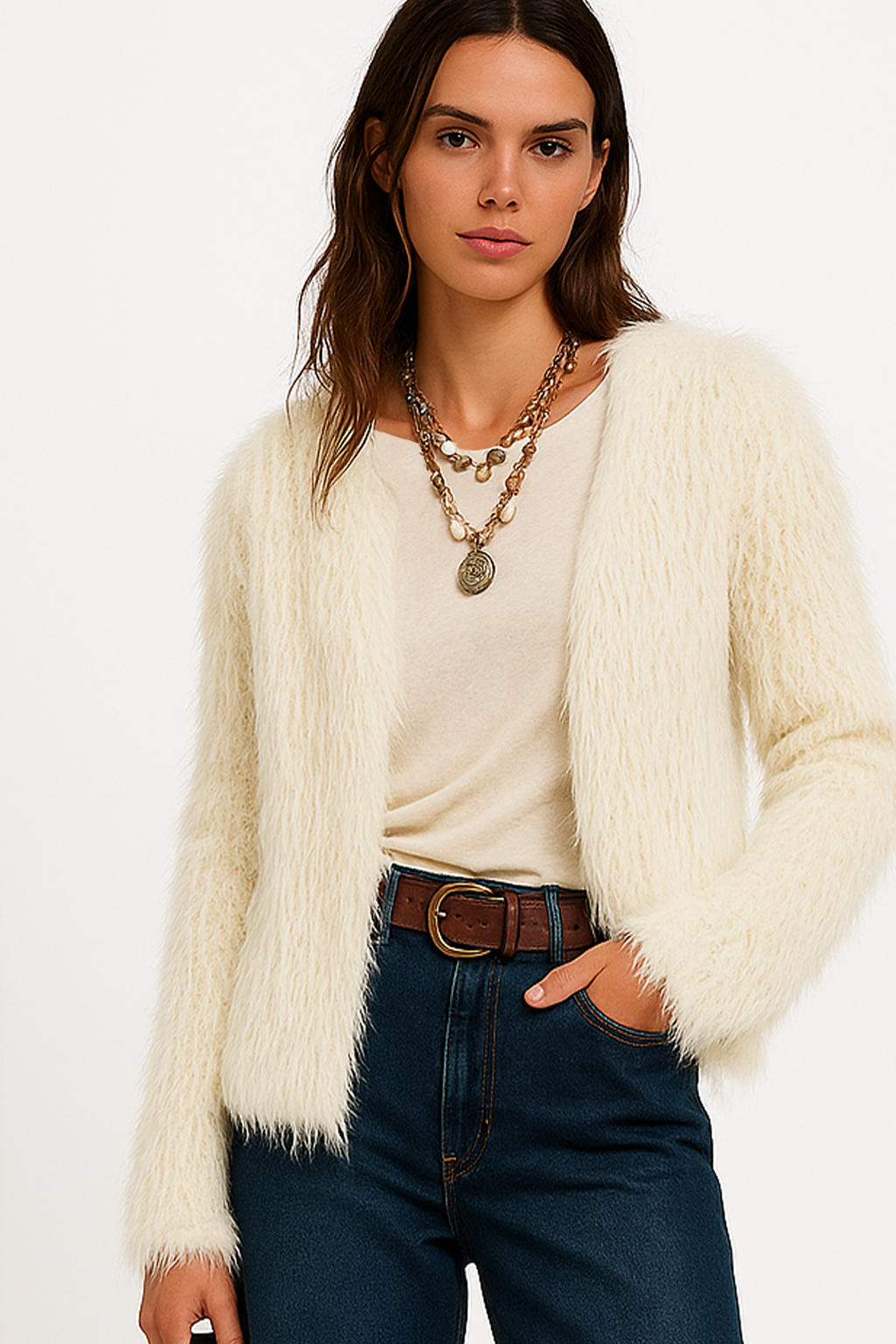 QWJ8285 Faux-fur textured cardigan sweater