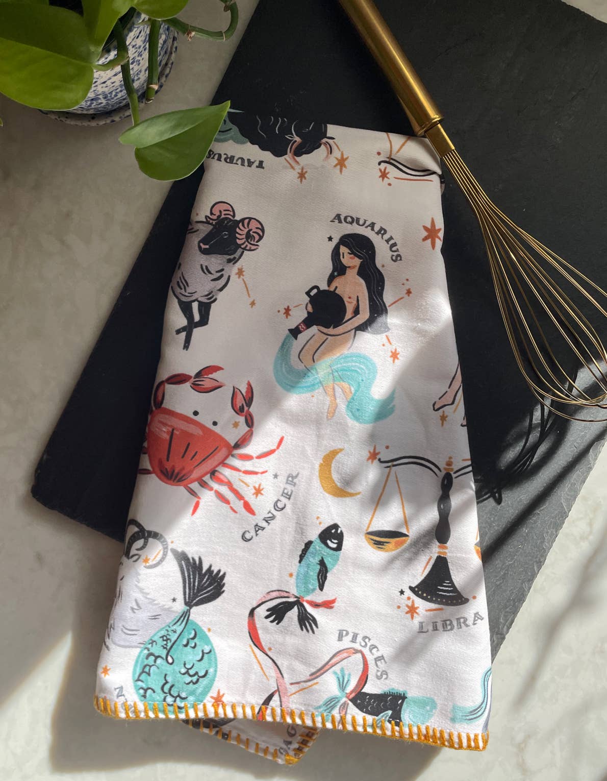 Zodiac Cotton Tea Towel with Embroidered Detail