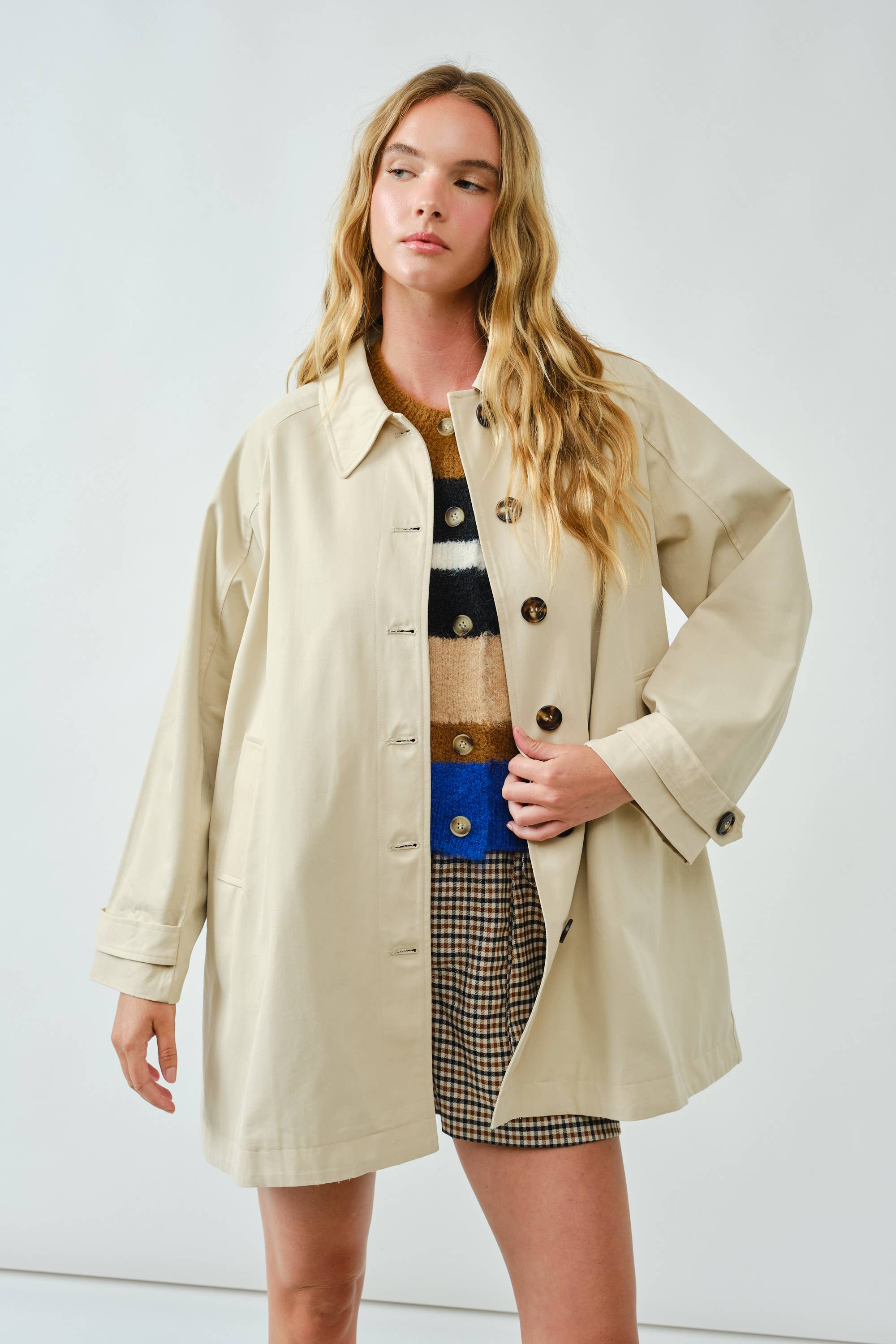 AJJ5143 A LINE TRENCH COAT WITH PLAID LINING