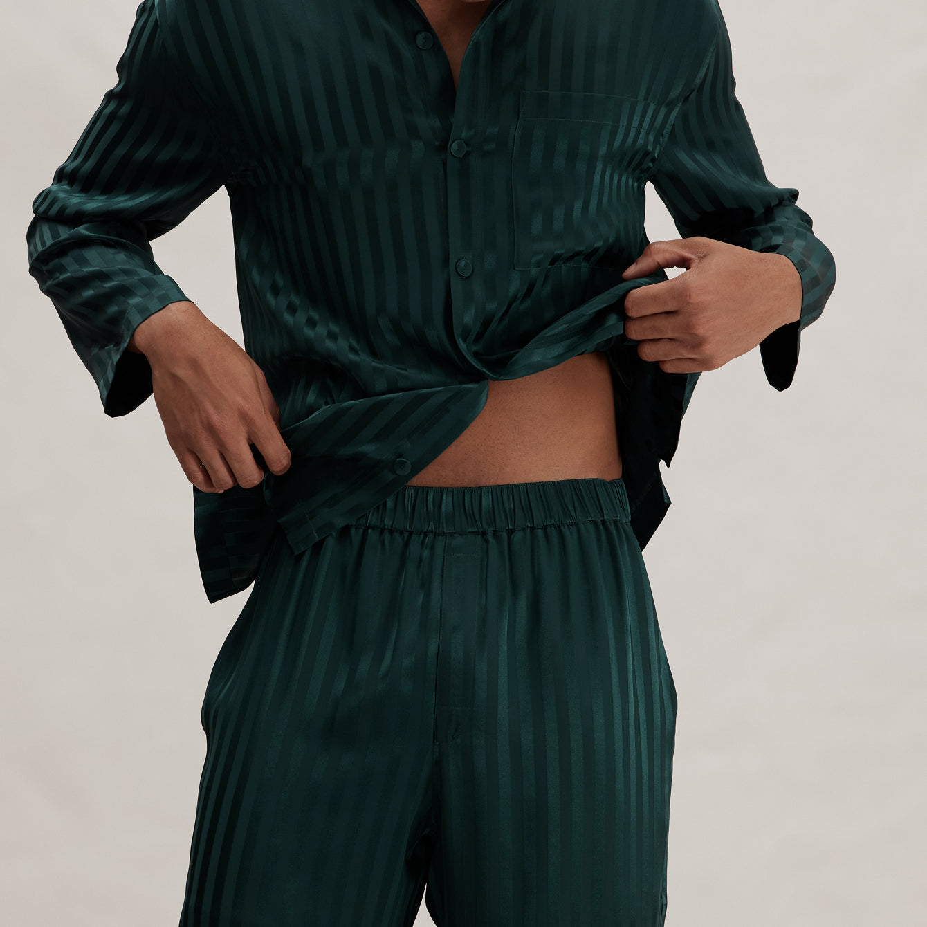 Men's Washable Silk Striped Jacquard Button Up Set