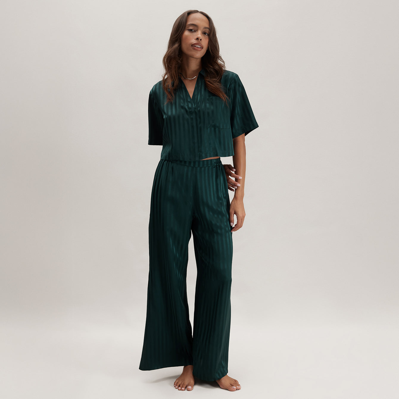 Washable Silk Striped Jacquard High Rise Pant Set