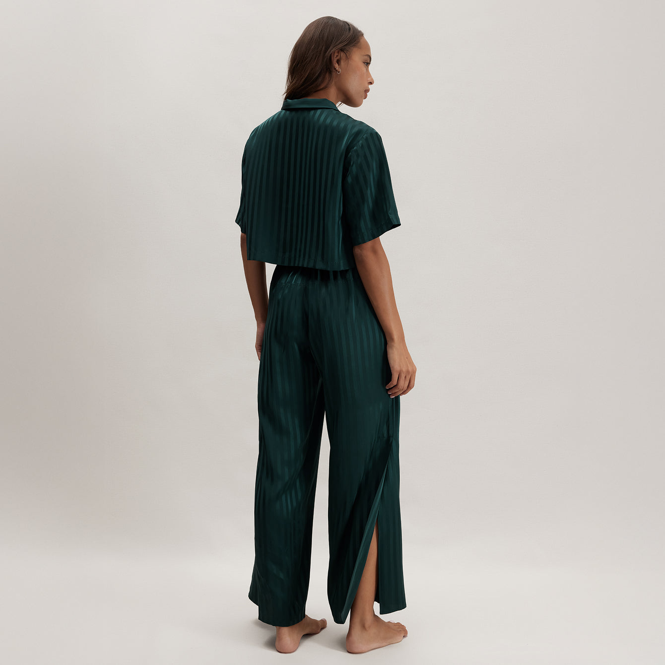 Washable Silk Striped Jacquard High Rise Pant Set