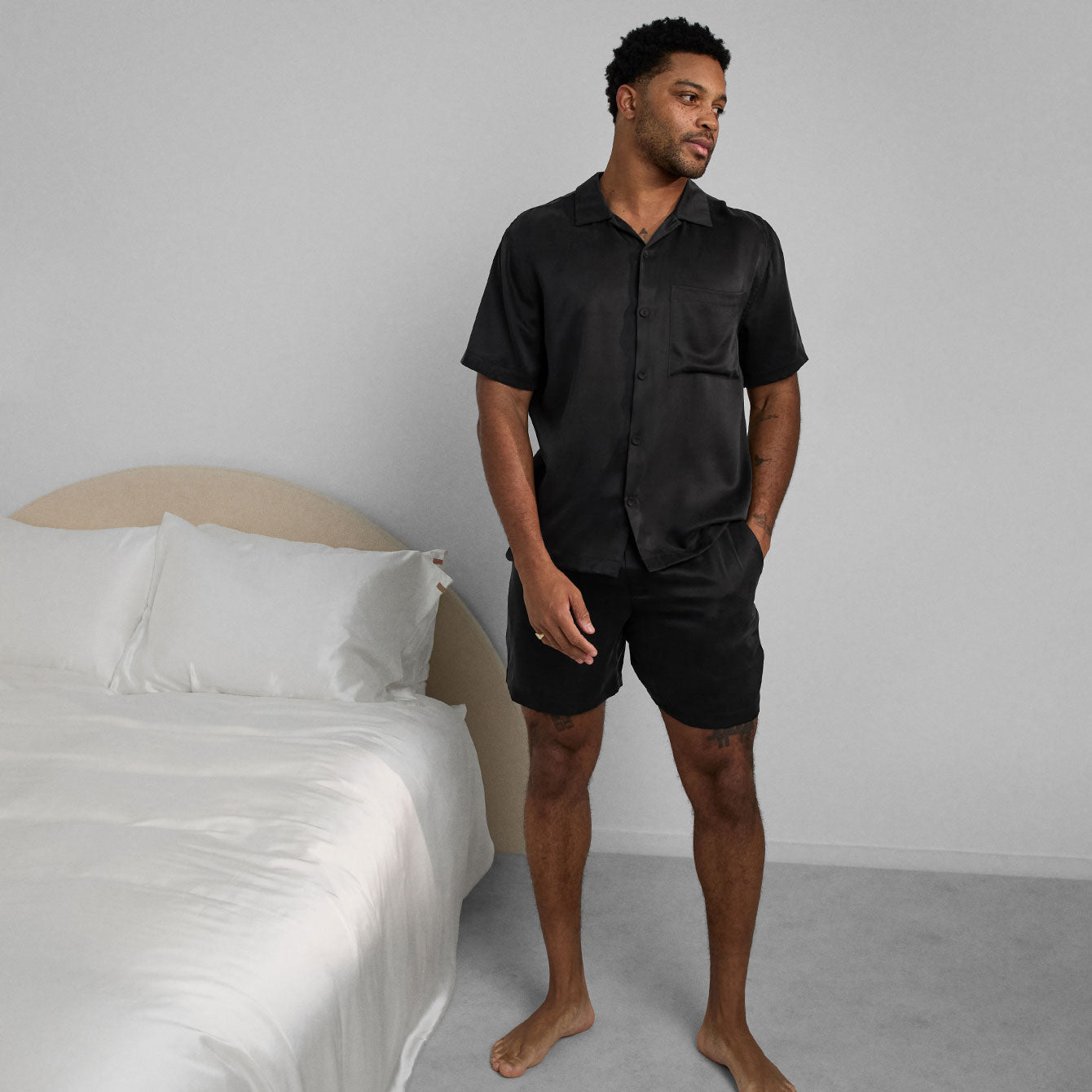 Men's Washable Silk Button Up Short Set