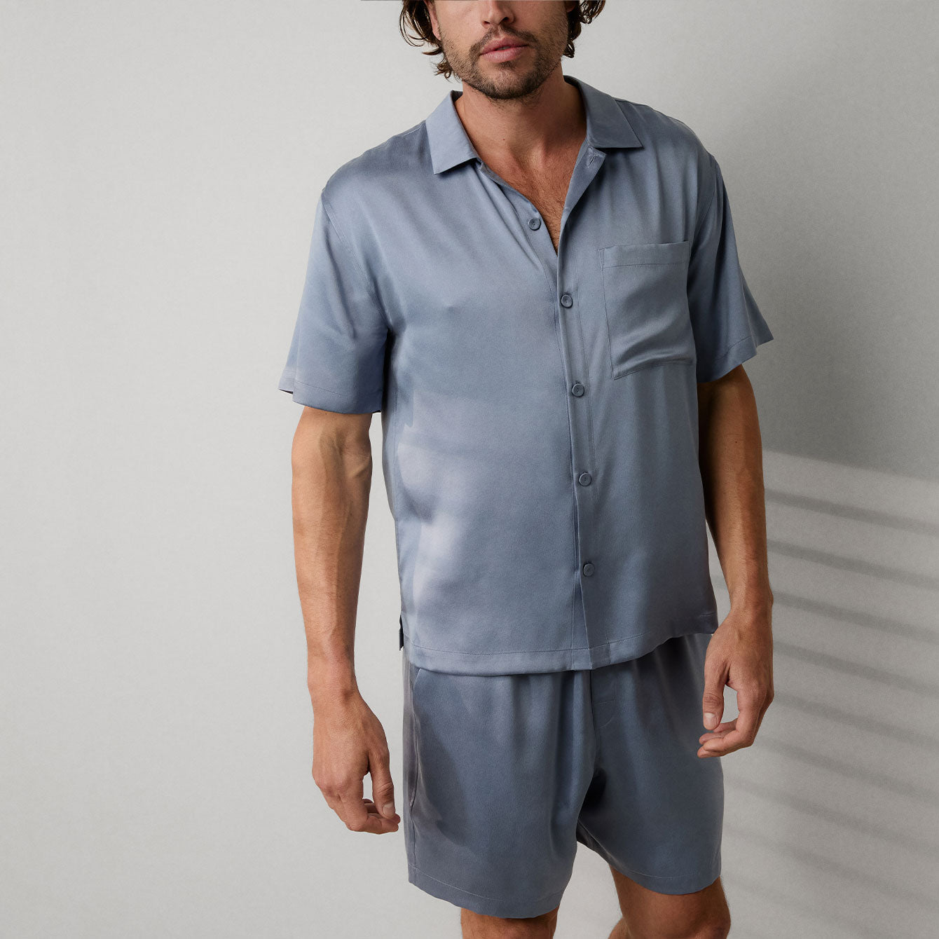 Men's Washable Silk Button Up Short Set