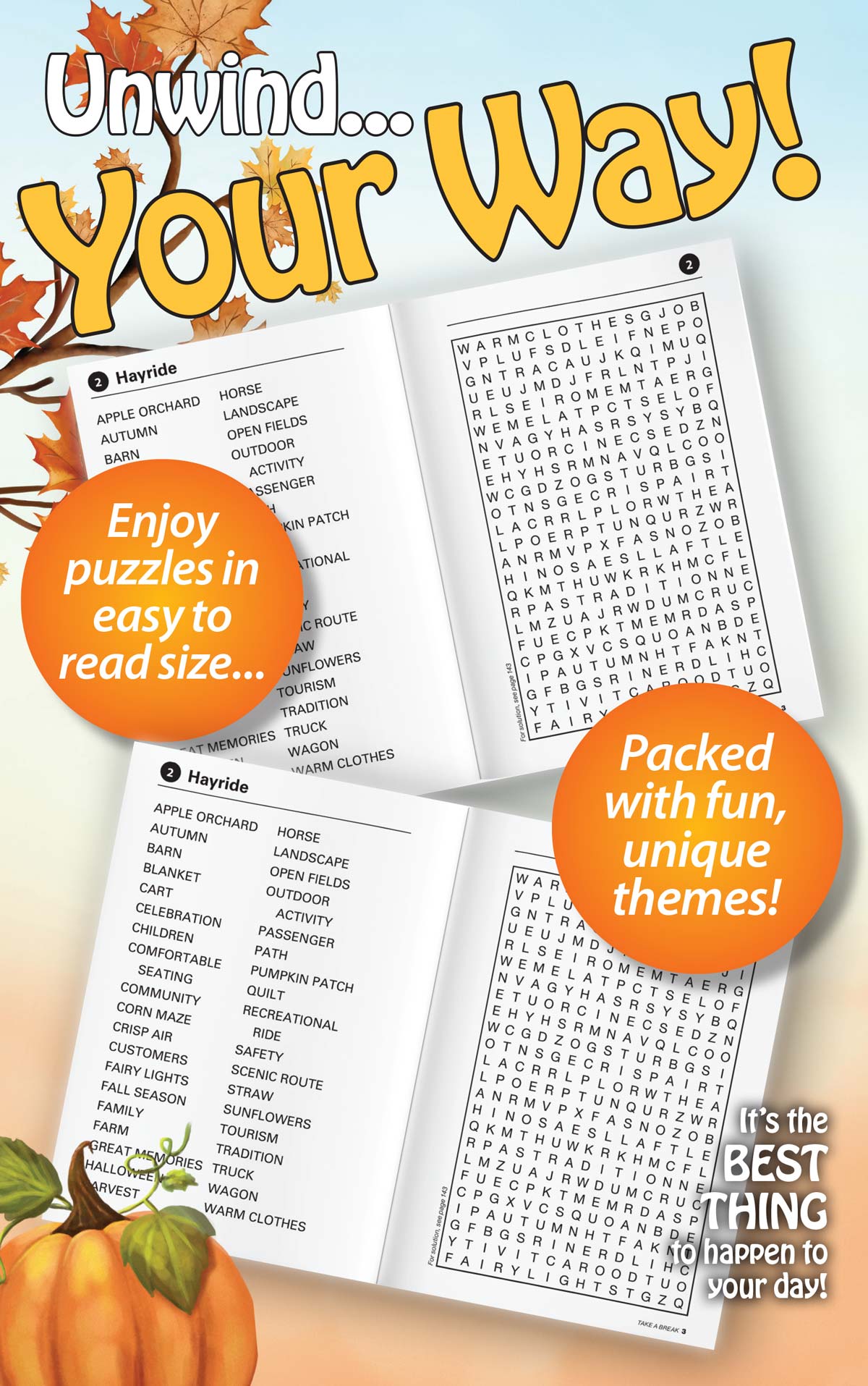 Take a Break - Word Search (Large Print): 71 Puzzles, Fall Issue, Level Easy, Autumn Themes, Hours Of Mind-Boosting Fun, Sharpen Brain, Unwind, Unplug, Relax, De-Stress, Challenge Yourself & Solve!