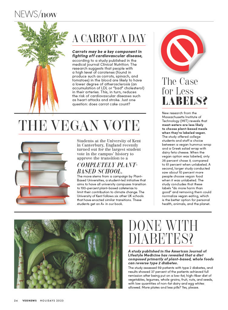 VegNews Holiday Issue 2023 - 100 Tips & Recipes, Plant-Based Food & Lifestyle, A-To-Z Guide For The Holidays, Miyoko Schinner Interview, Chocolate, Gifts, Vegan Beauty Awards, Trends & Travel Getaway!