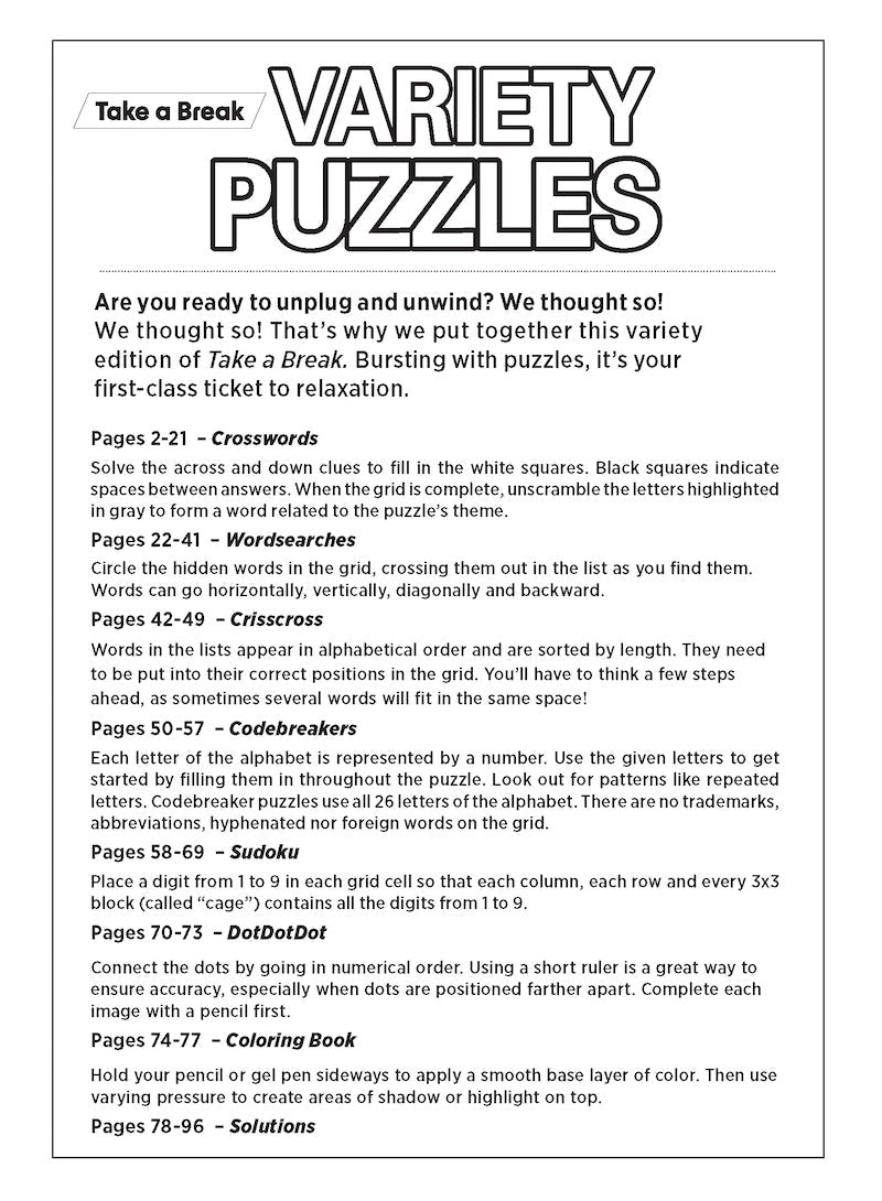 Variety Puzzles 240504 Large Print - Unplug and Unwind! Adult Activity Book: 100+ Puzzles, Easy & Fun, Sudoku, Word Search, Crossword, Dot-To-Dot, Coloring Book, CrissCross, Codebreakers & Solve!