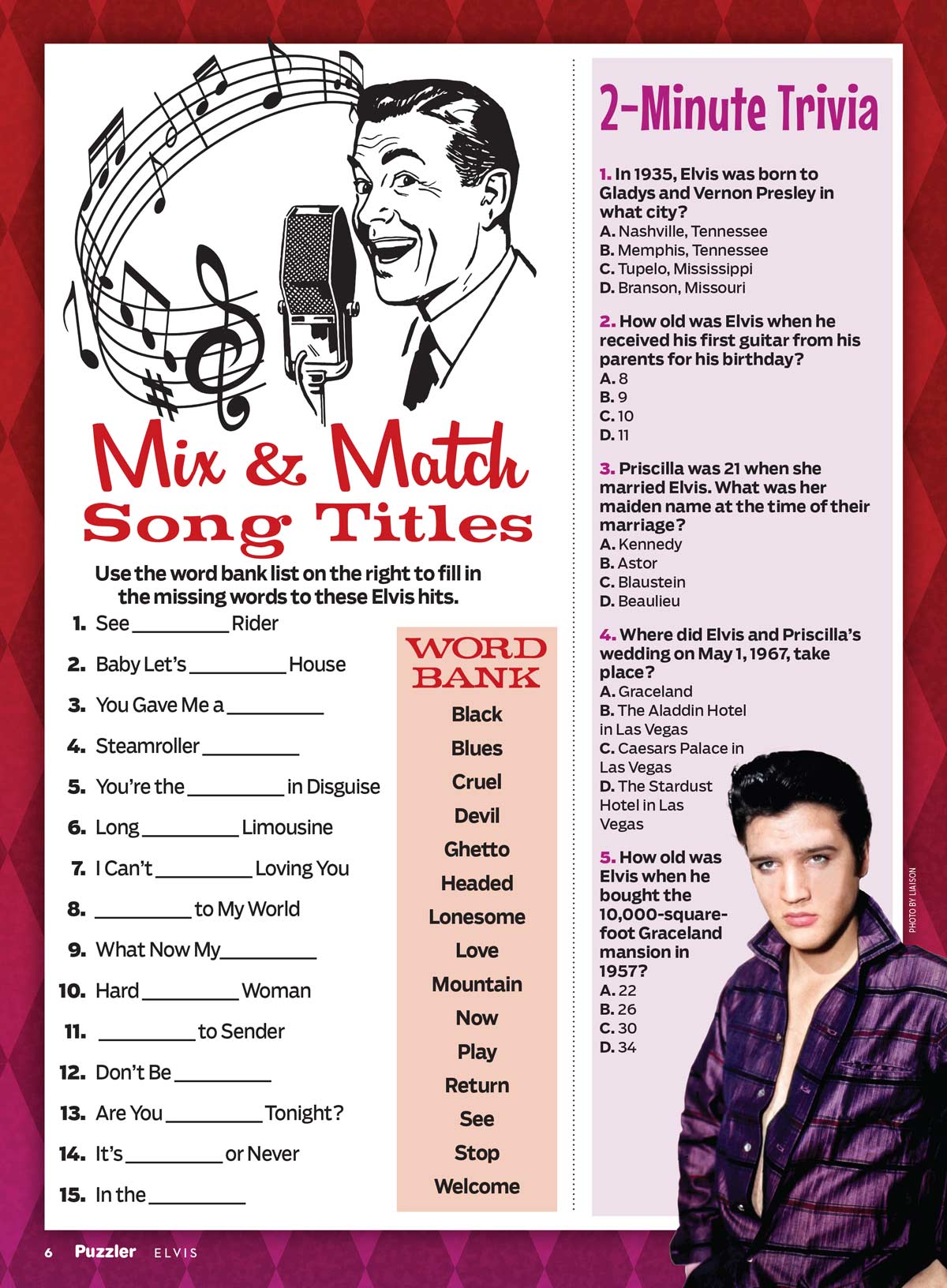 TV Guide - Elvis Puzzler: His Movies & Music, Criss Cross, Word Sudoku, Missing Letters, Spot The Differences, Scrambles, Trivia, Crossword, Word Searches, Mix & Match Song Titles, Logic & More!