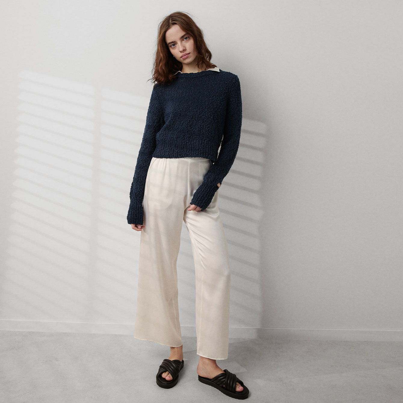 Textured Cotton Shrunken Crew Neck
