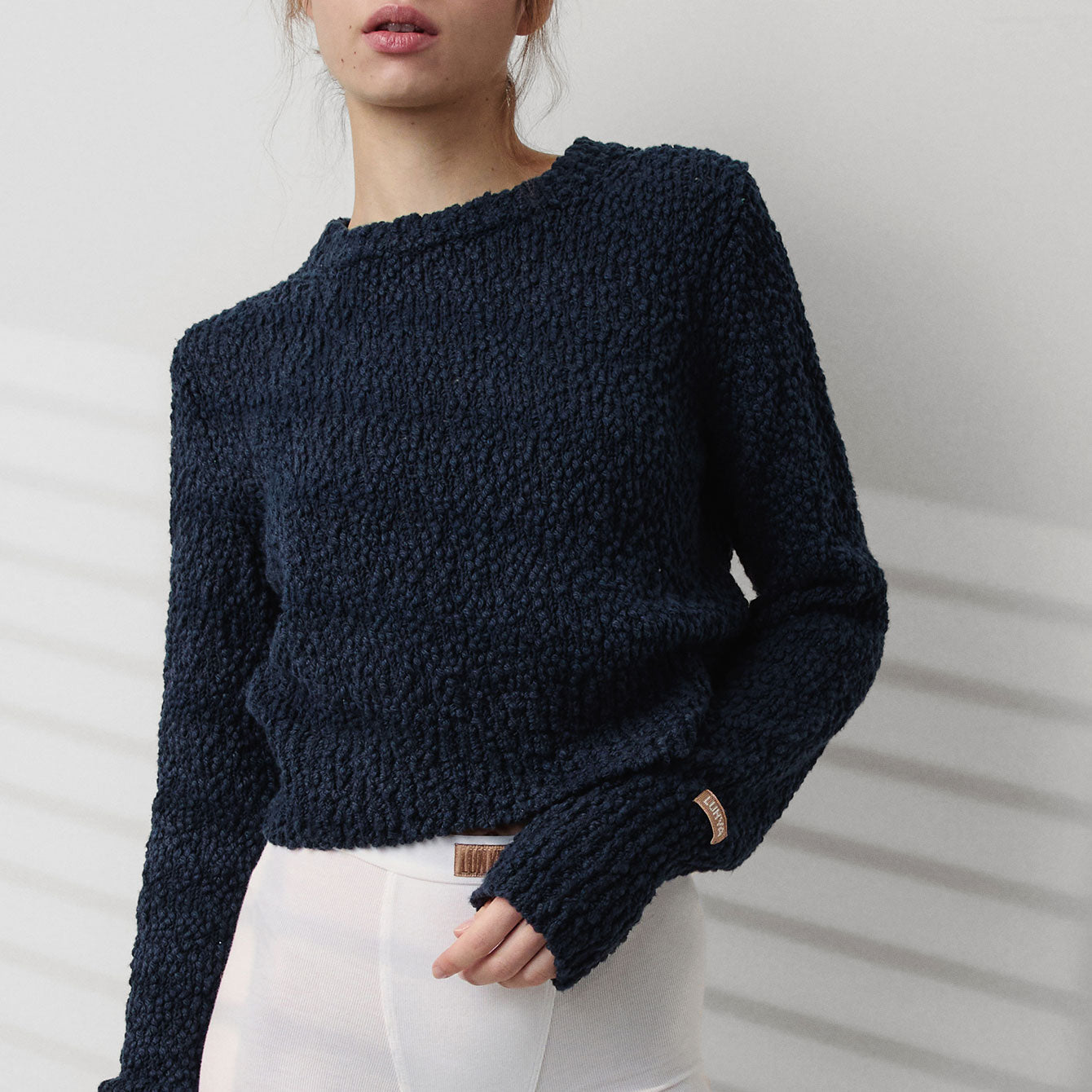 Textured Cotton Shrunken Crew Neck