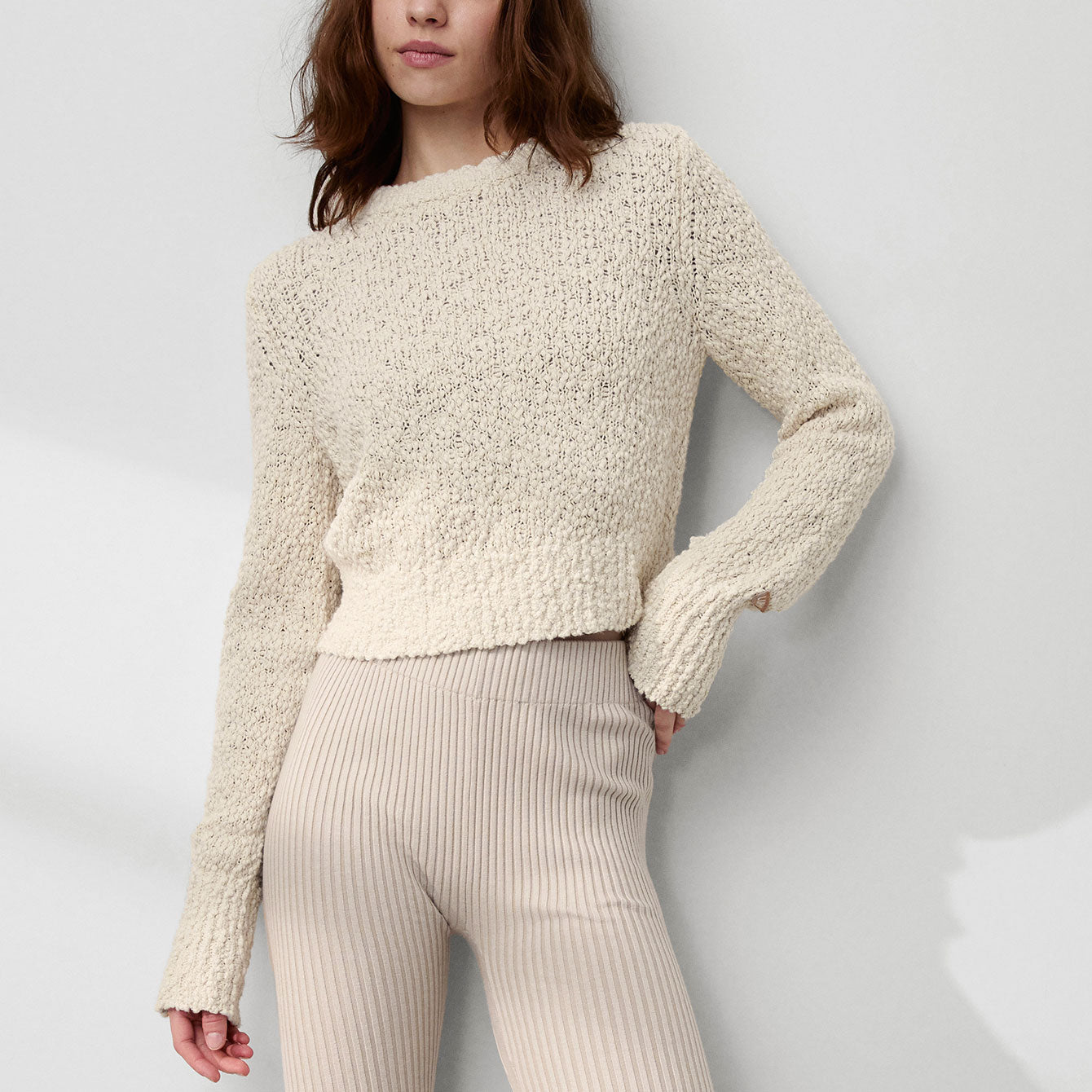 Textured Cotton Shrunken Crew Neck