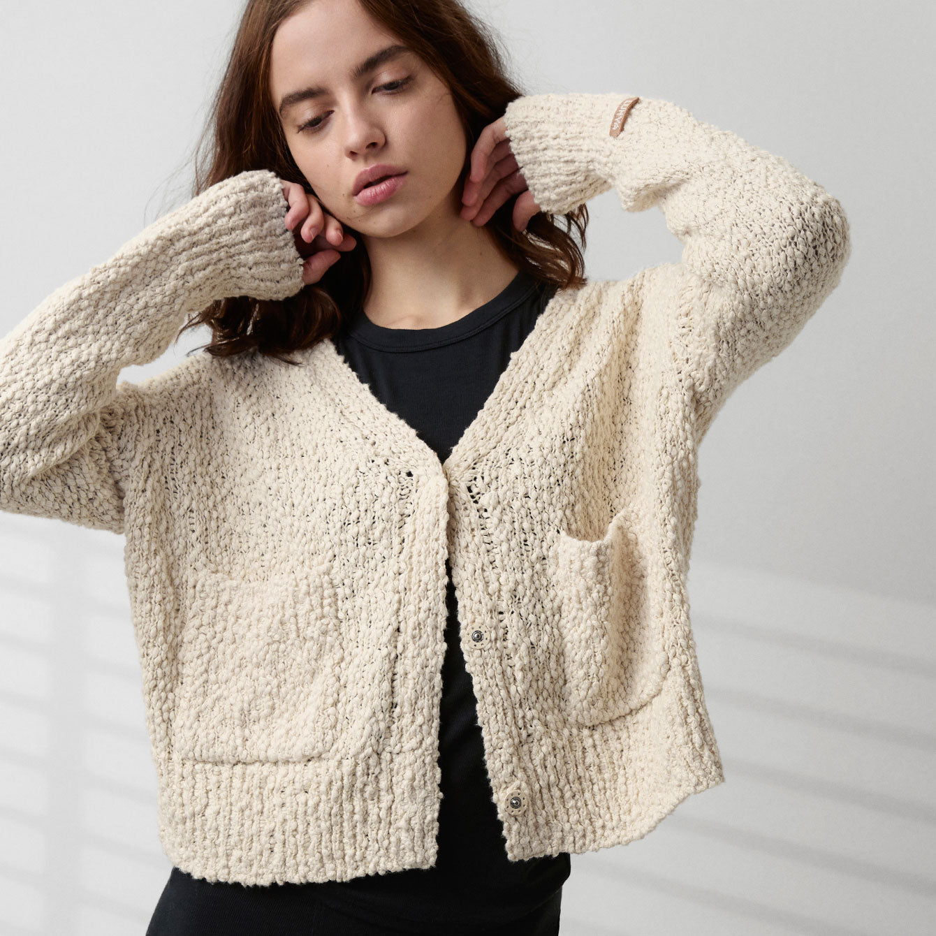 Textured Cotton Snap Front Cardigan