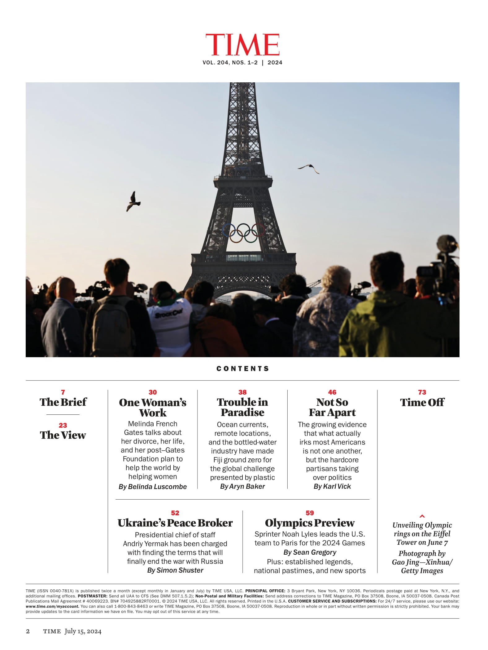 TIME Magazine - 07.15.24 Edition: Your 2024 Olympic Guide, The World's Fastest Man Noah Lyles, Paris Meets Politics, Simone Biles Is Back, Katie Ledecky, Team USA Uniforms, How Athletes Thrive & More!