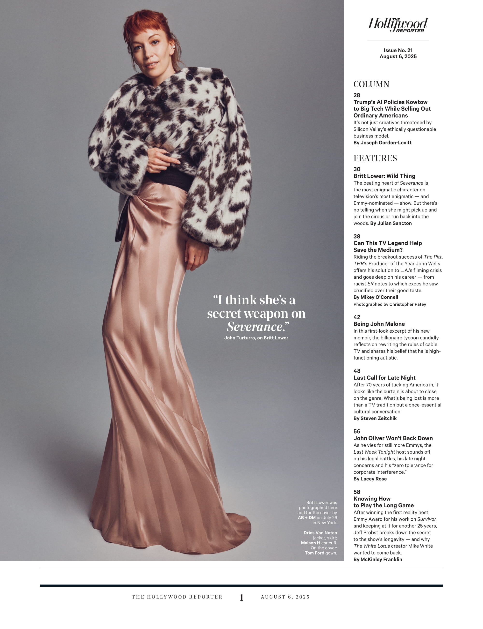 The Hollywood Reporter - 25.08.06 Edition: Britt Lower Is Severance's Most Thrilling Star, Late Night TV Changes, Survivor’s Jeff Probst's TV Hosting Secrets, David Ellison’s Paramount Vision & More!