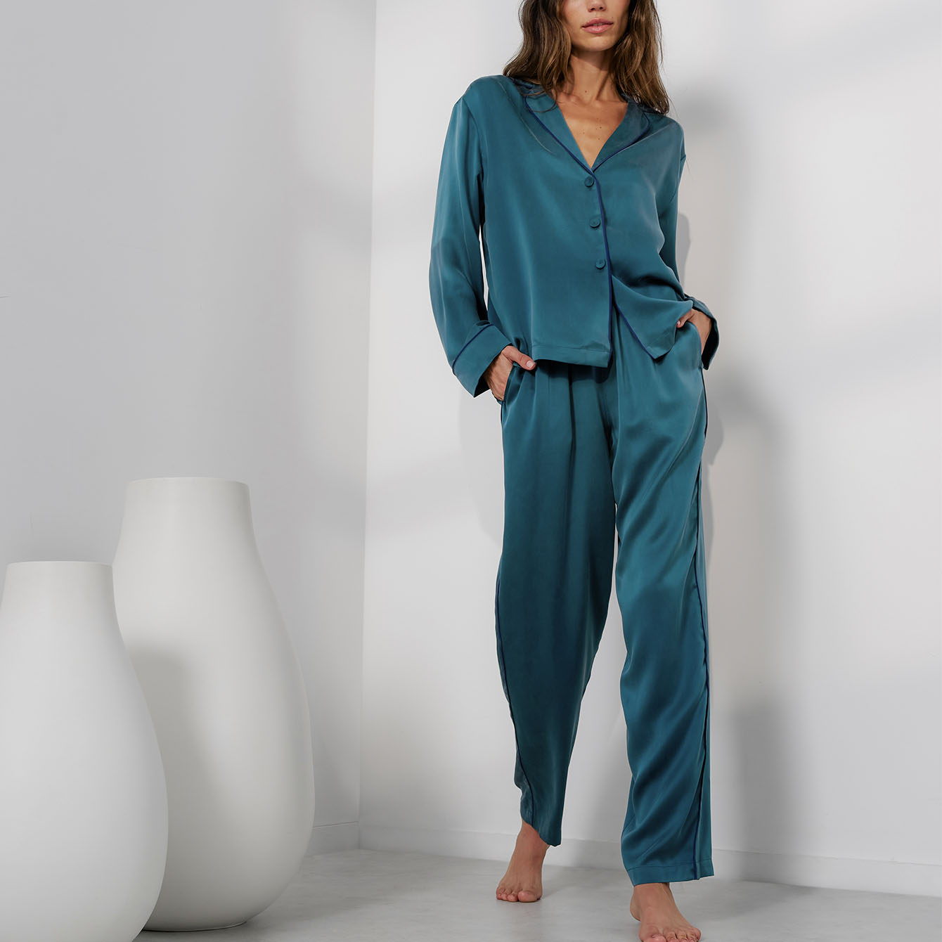 Washable Silk Piped Long Sleeve Pant Set