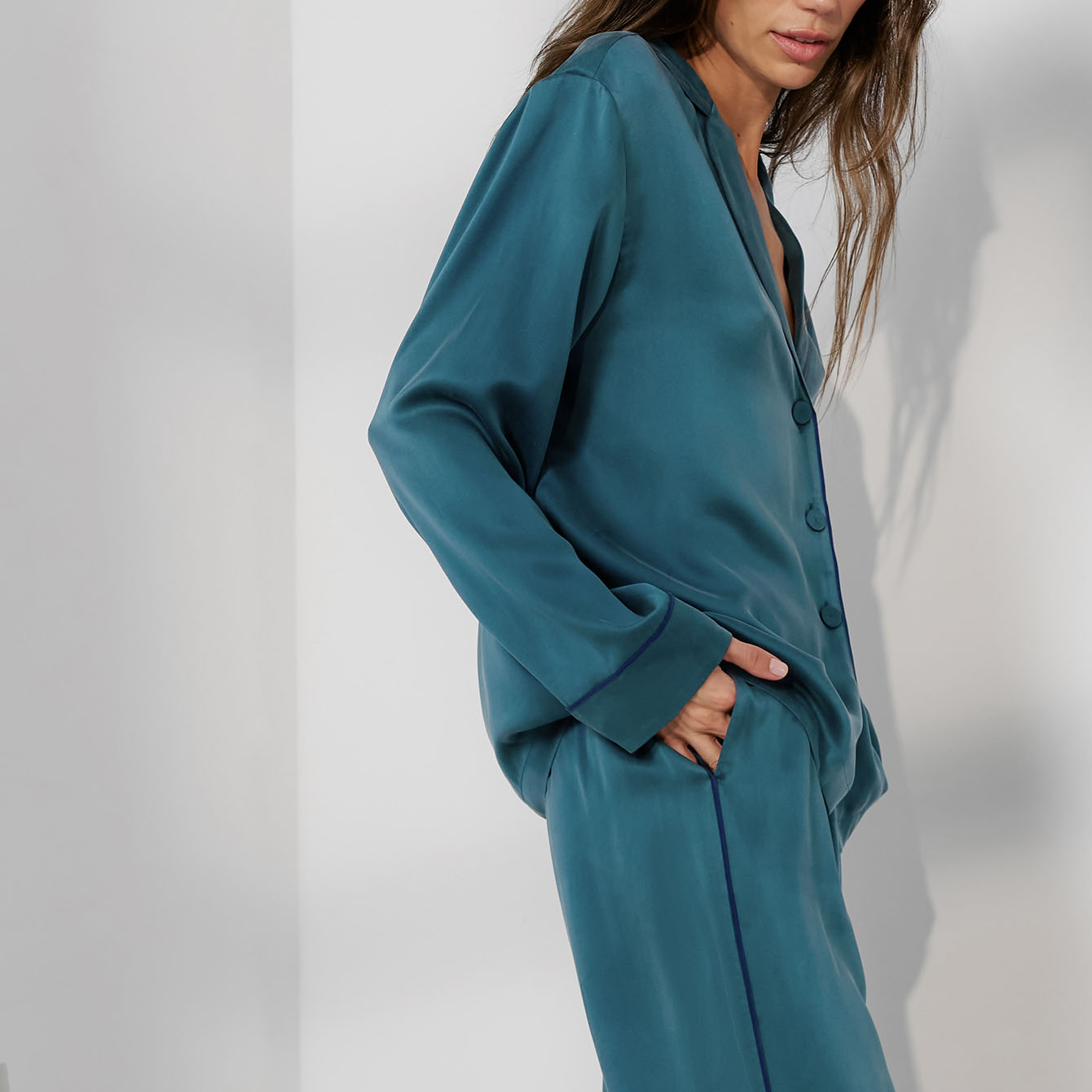 Washable Silk Piped Long Sleeve Pant Set