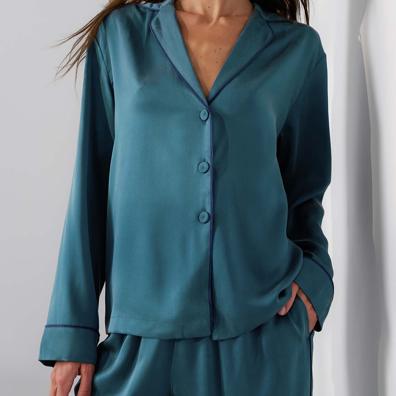 Washable Silk Piped Long Sleeve Pant Set