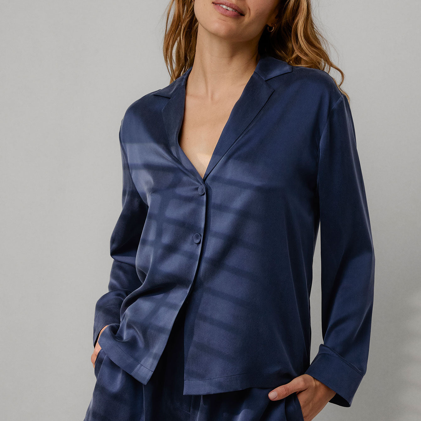 Washable Silk Button Up Long Sleeve Short Set
