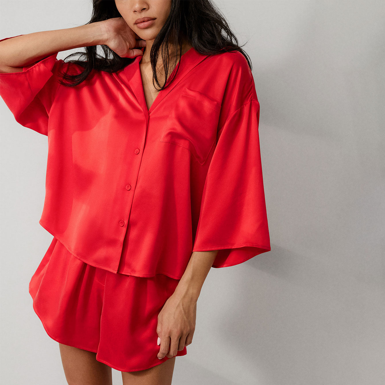 Washable Silk Relaxed Button Up Short Set