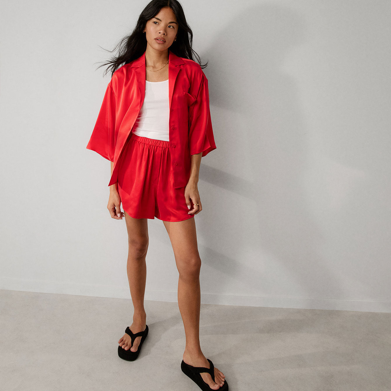 Washable Silk Relaxed Button Up Short Set