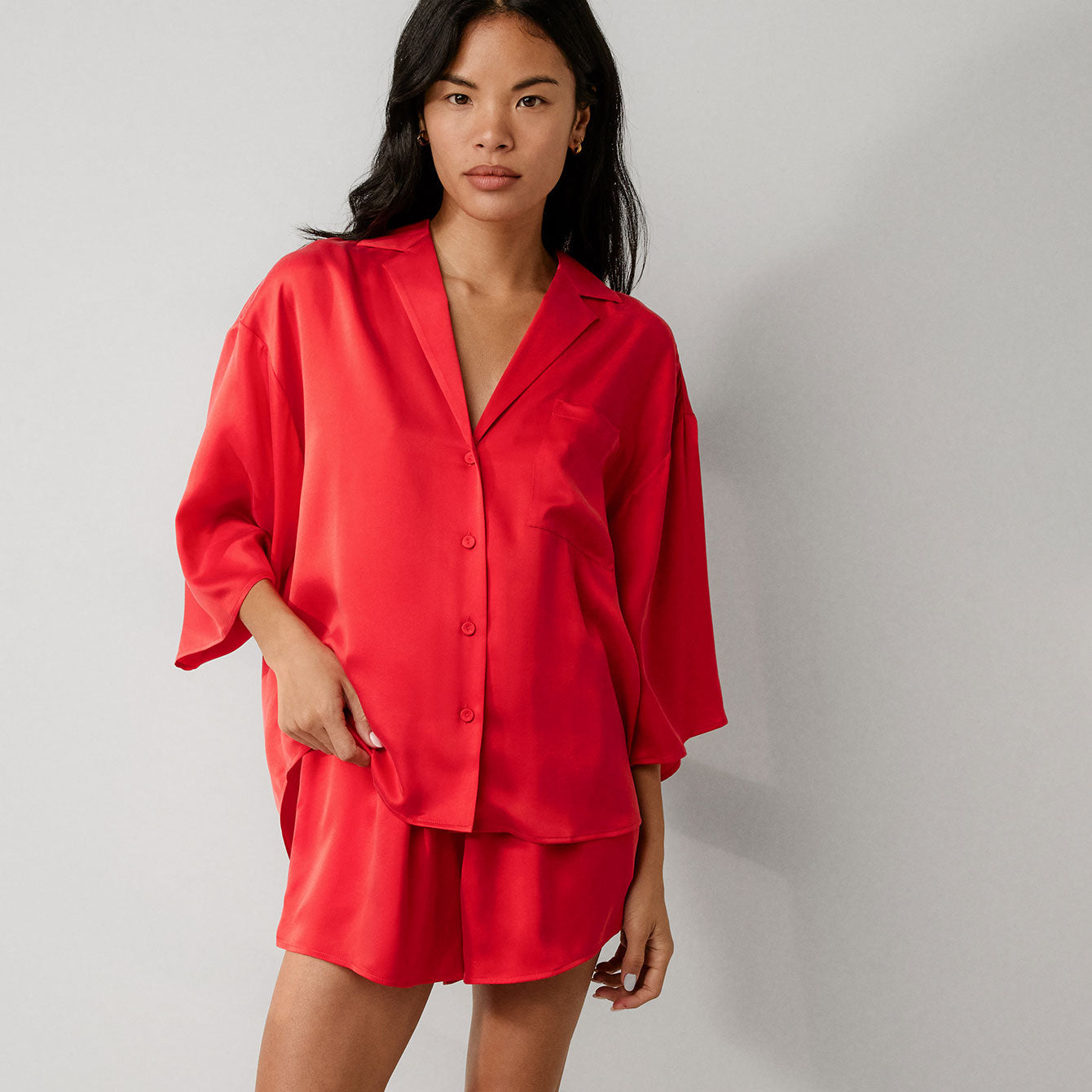 Washable Silk Relaxed Button Up Short Set
