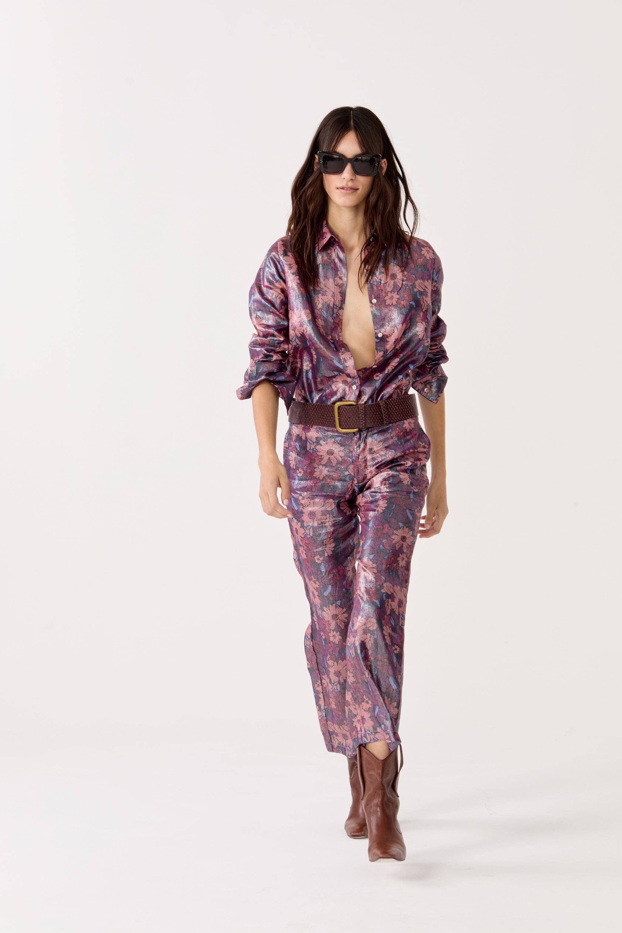 Astro Metallic Linen Pants - Gerbera Print