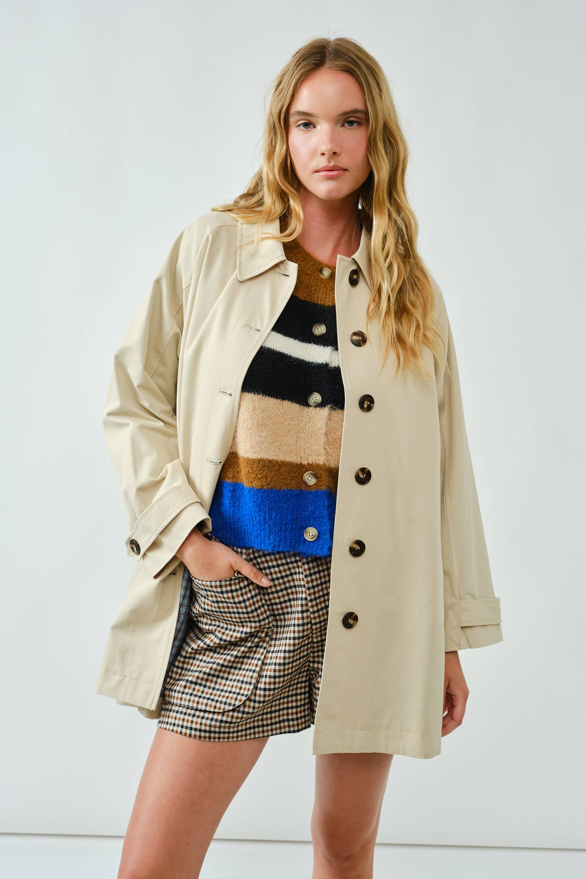 AJJ5143 A LINE TRENCH COAT WITH PLAID LINING