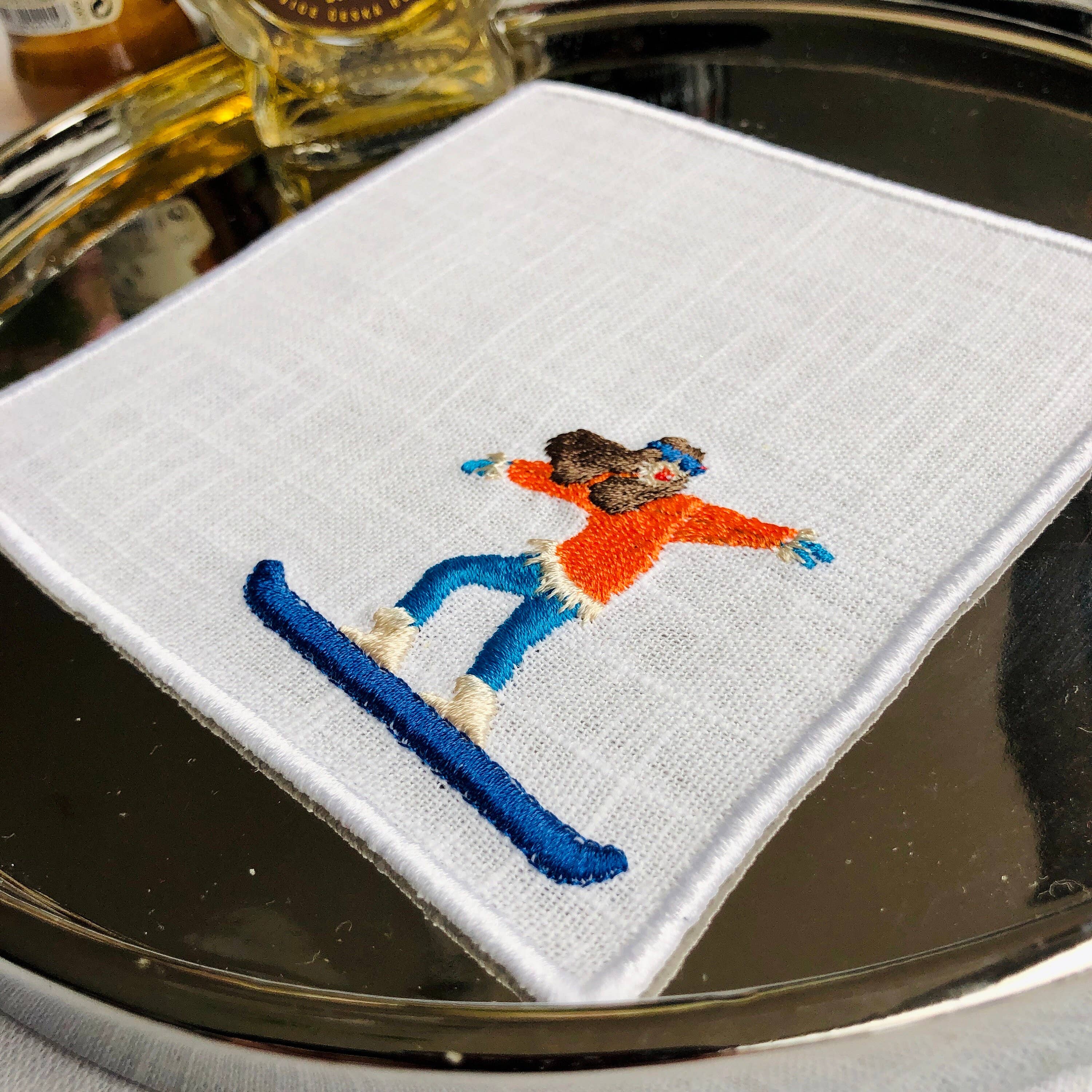 Set of 4/6 Embroider Winter Sport Olympics Cocktail Napkins