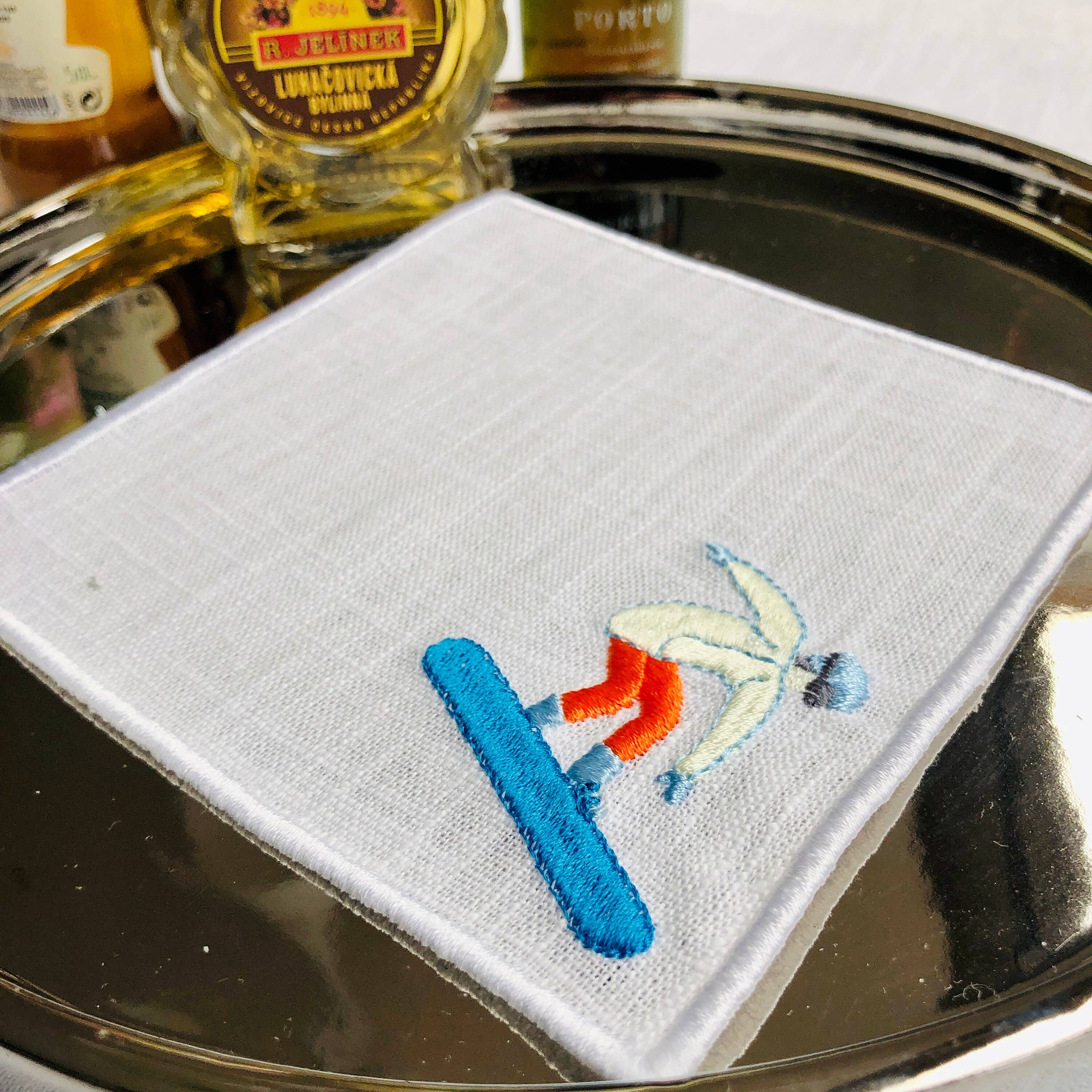 Set of 4/6 Embroider Winter Sport Olympics Cocktail Napkins