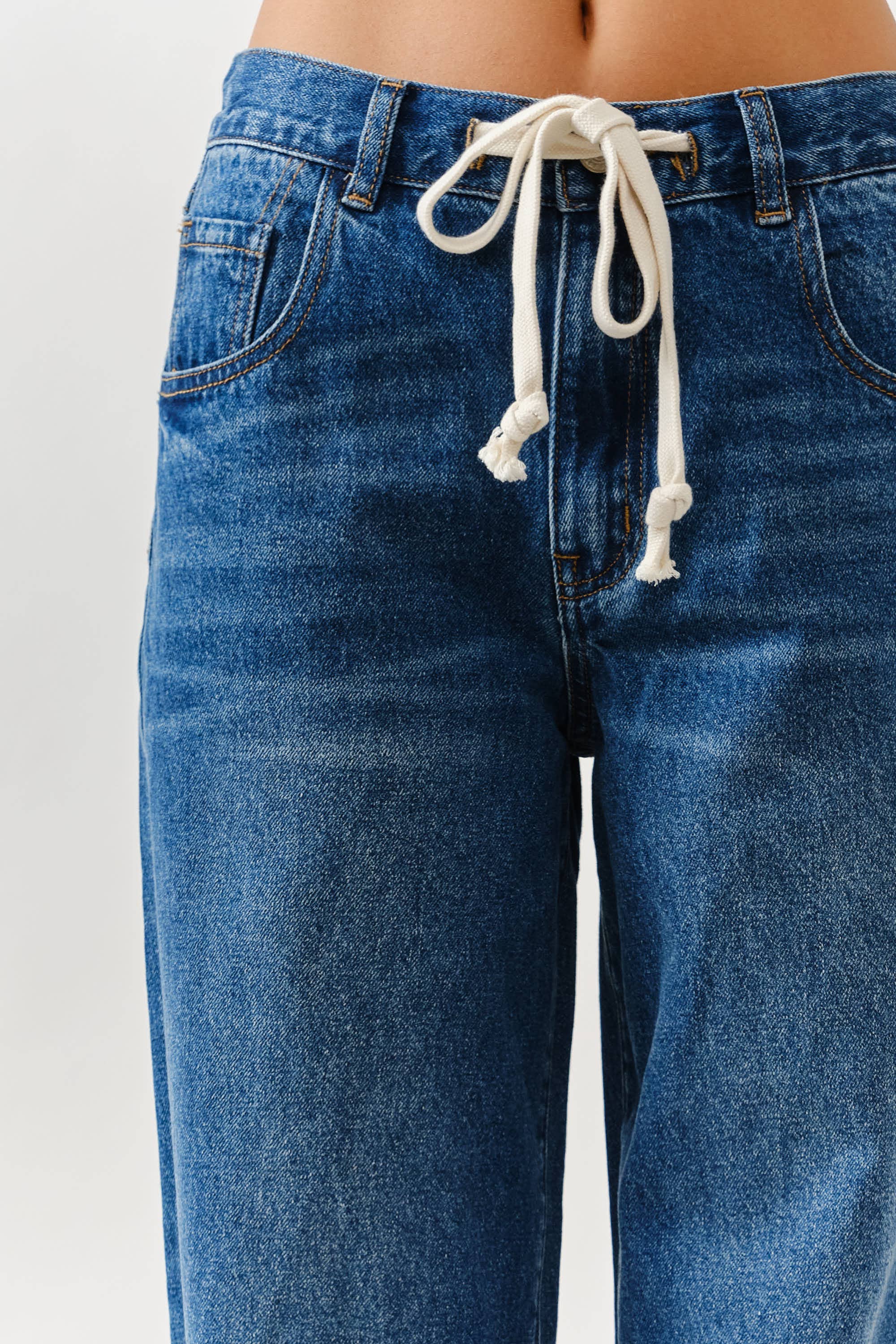 AJP5001 DRAWSTRING WAIST BOTTOM FLY STRAIGHT JEANS