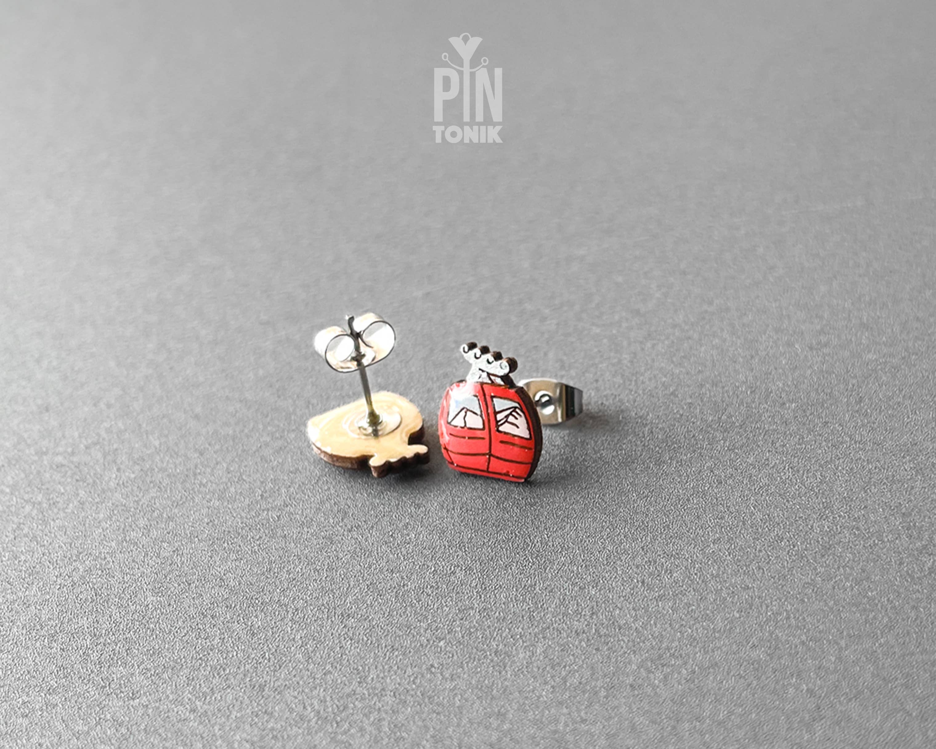 Ski Gondola Stud Earrings - Fun Apres Ski Wood Earrings