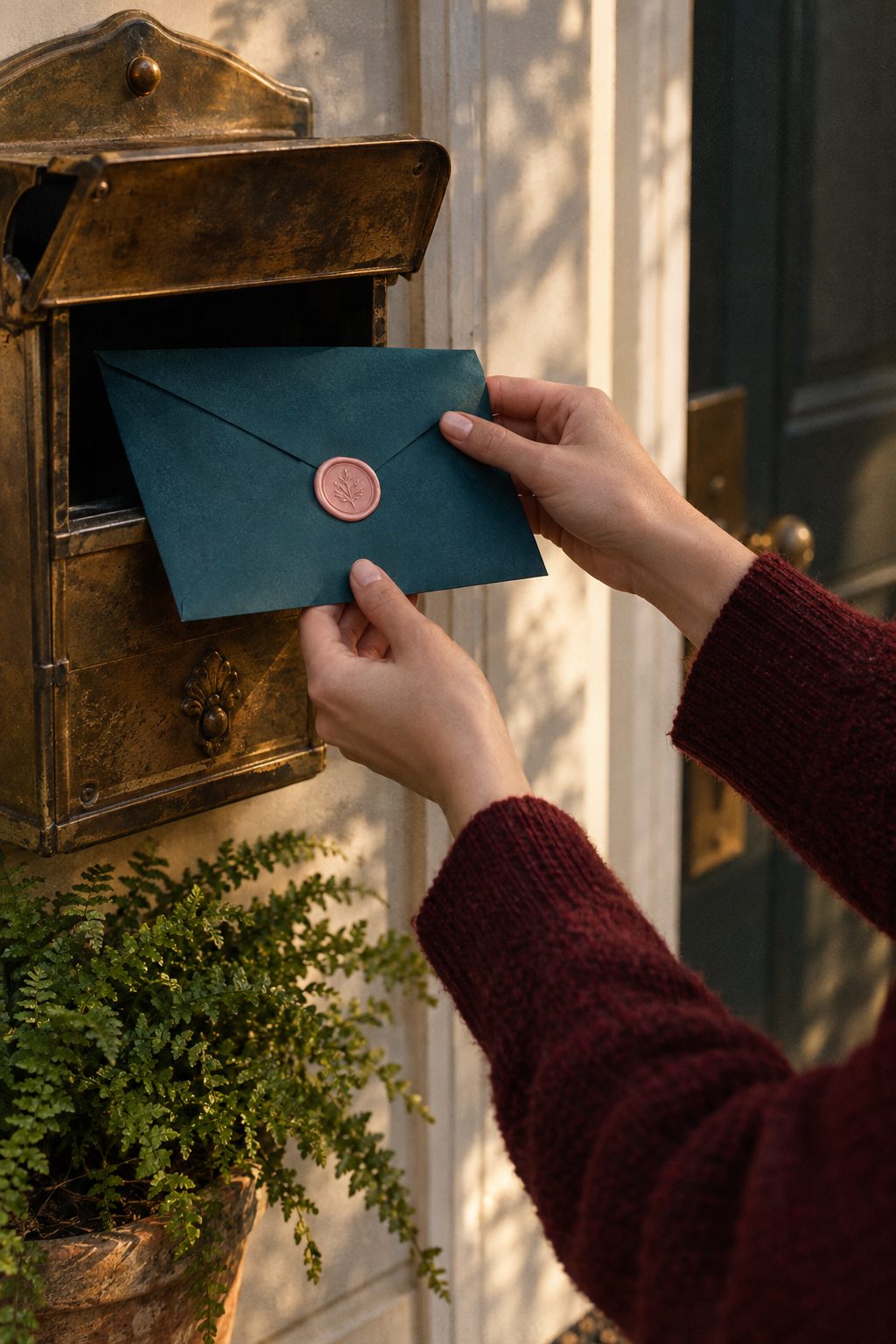A teal envelope being pulled from a brass mailbox