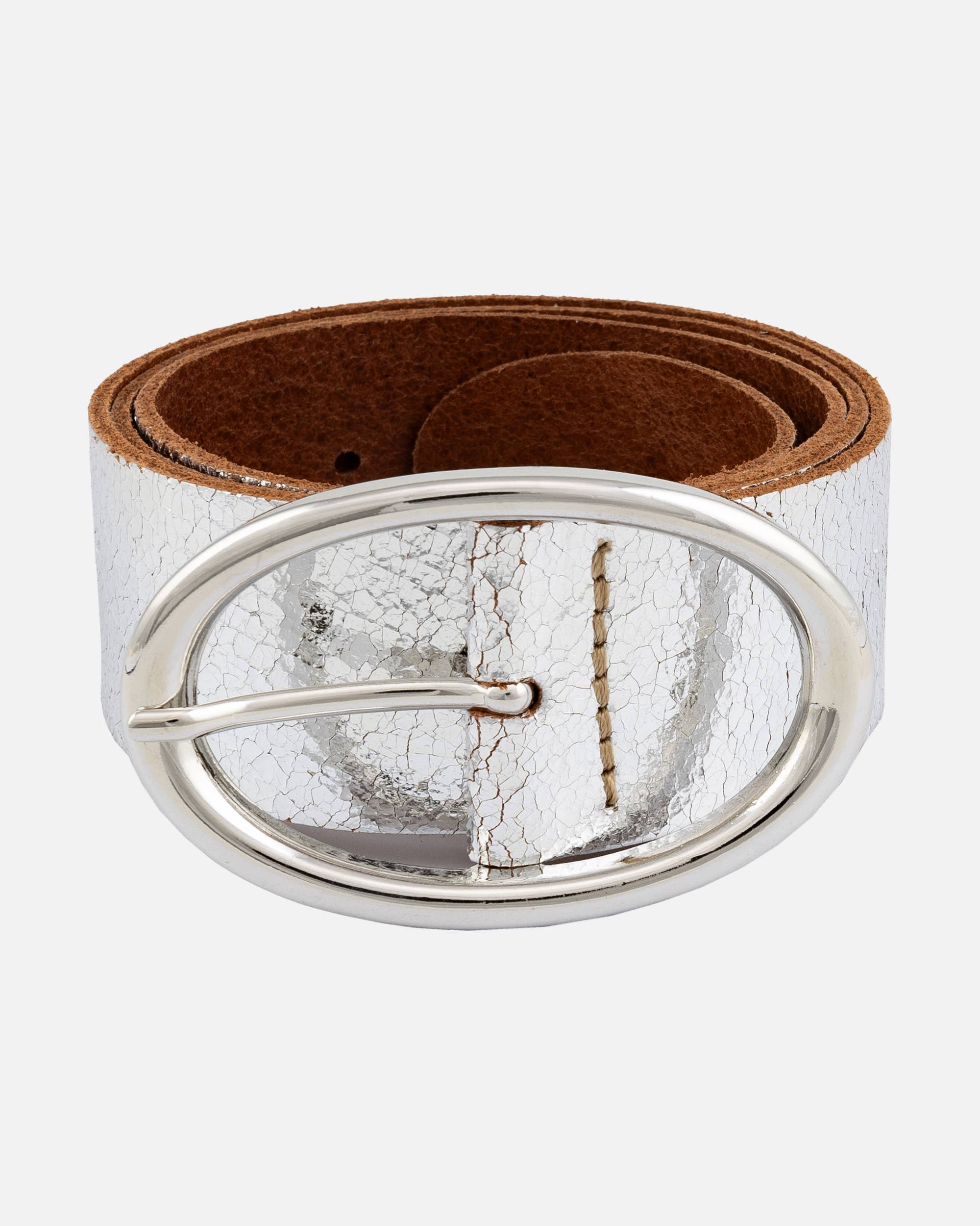 Chi | Metallic Leather Belt with Sleek Oval Buckle