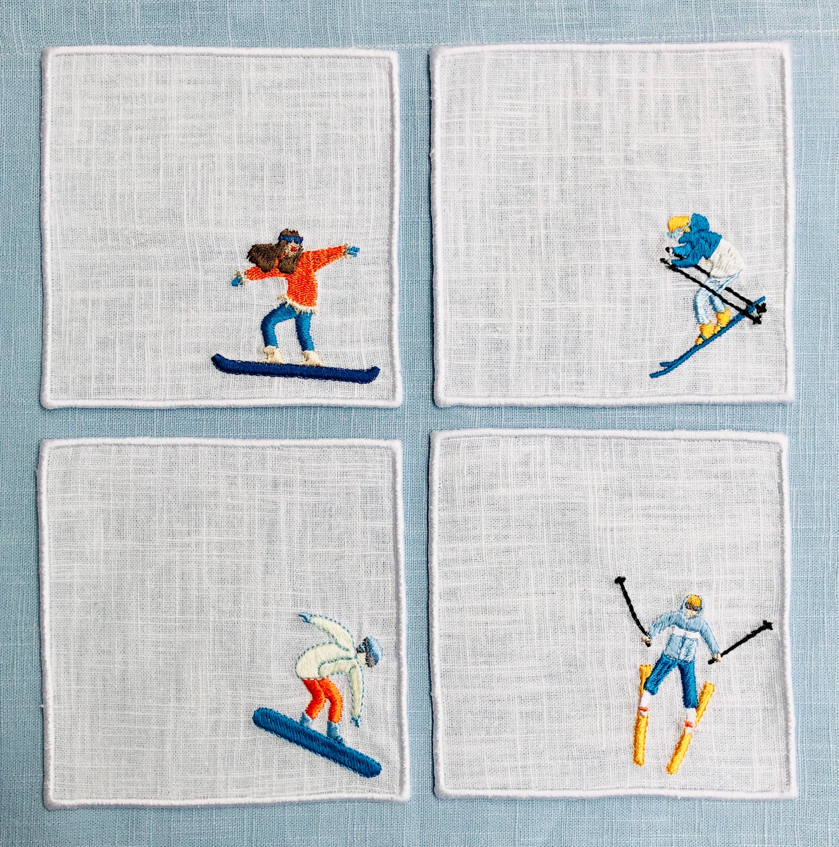 Set of 4/6 Embroider Winter Sport Olympics Cocktail Napkins
