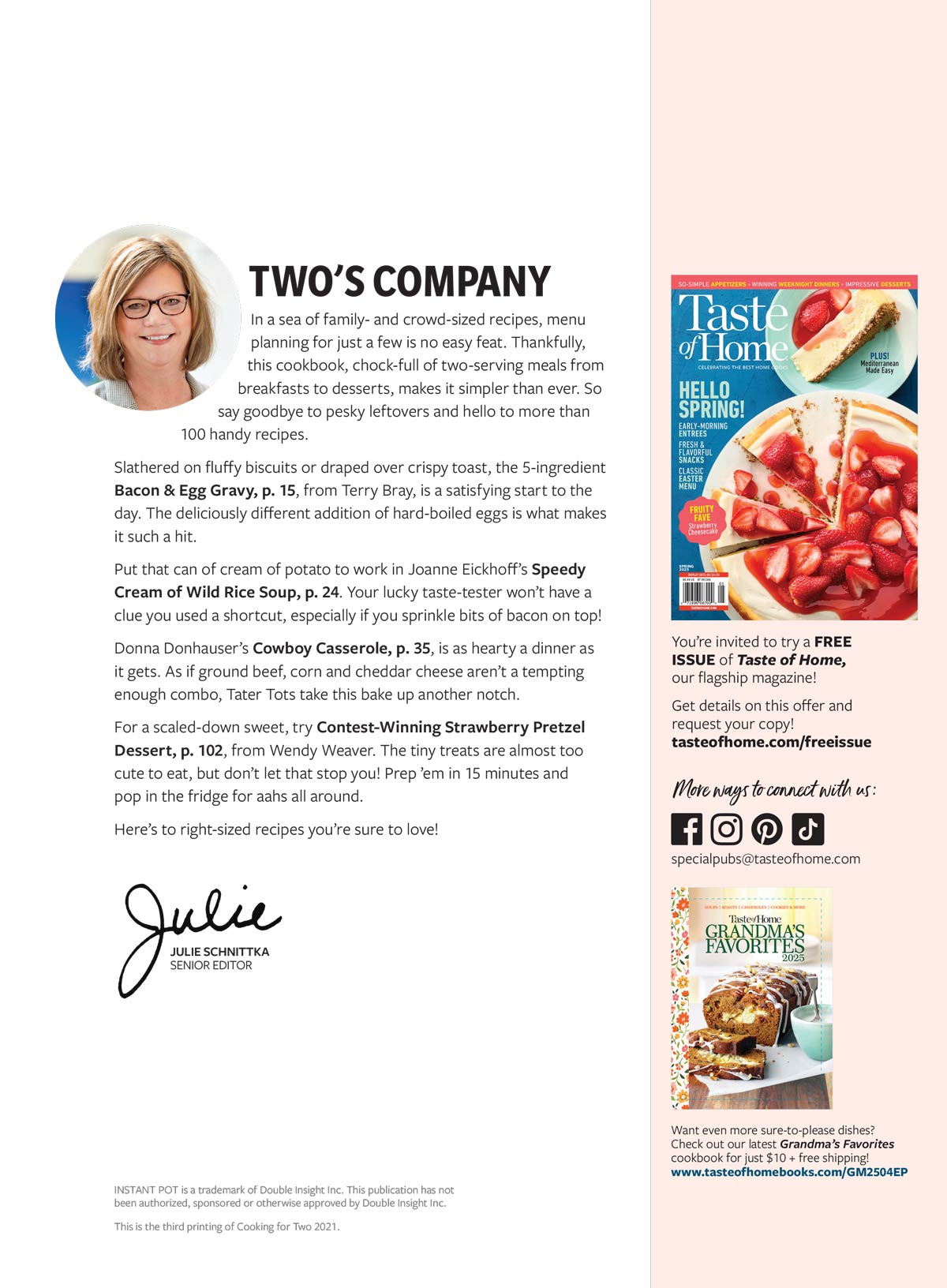 Taste of Home - Cooking For Two: 114 Quick & Easy Recipes, Designed To Eliminate Leftovers, Perfect Portions, Enhance Your Dining Experience To Fit Your Busy Lifestyle & More!