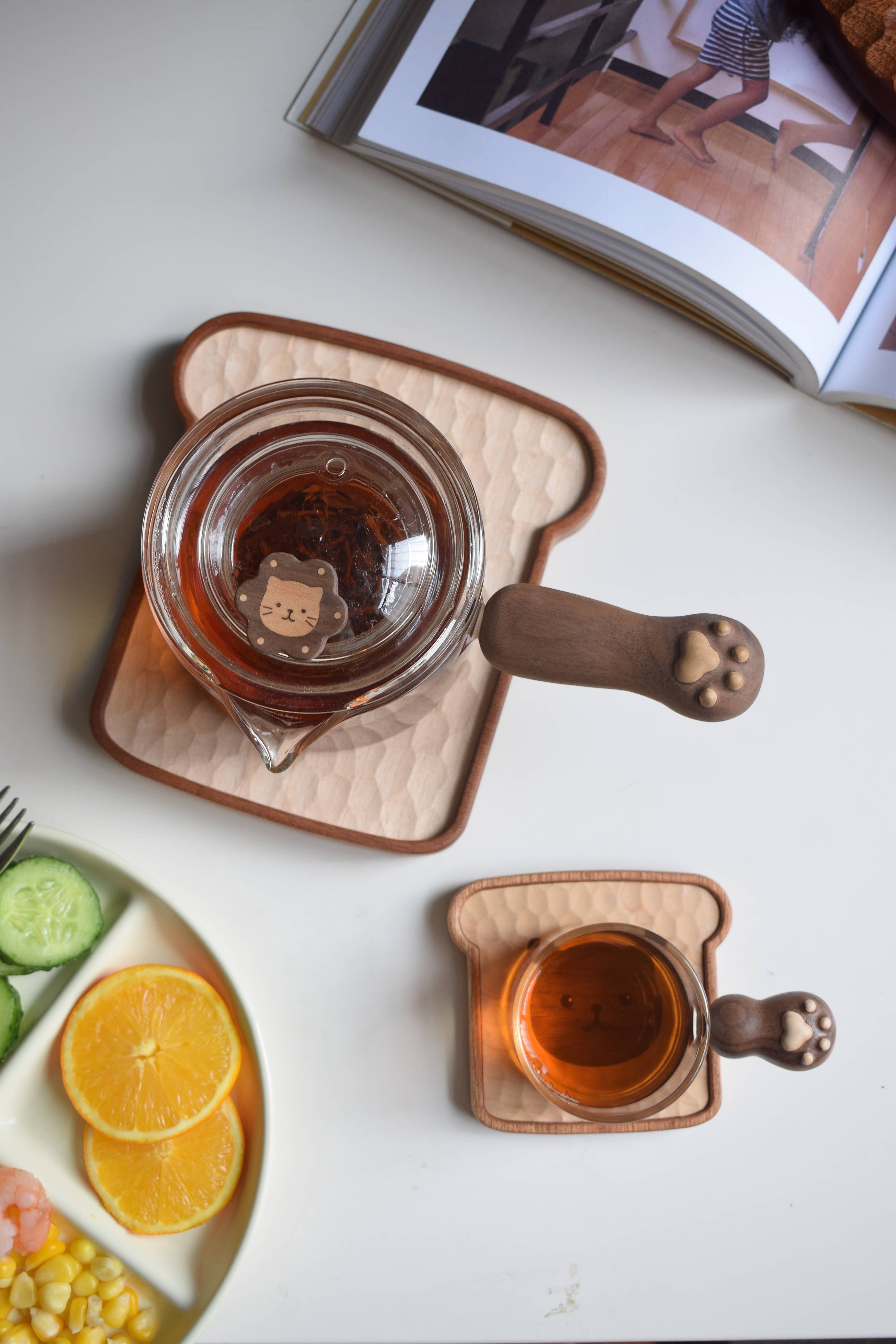 Toast Cat hand-carved wooden plate and coaster