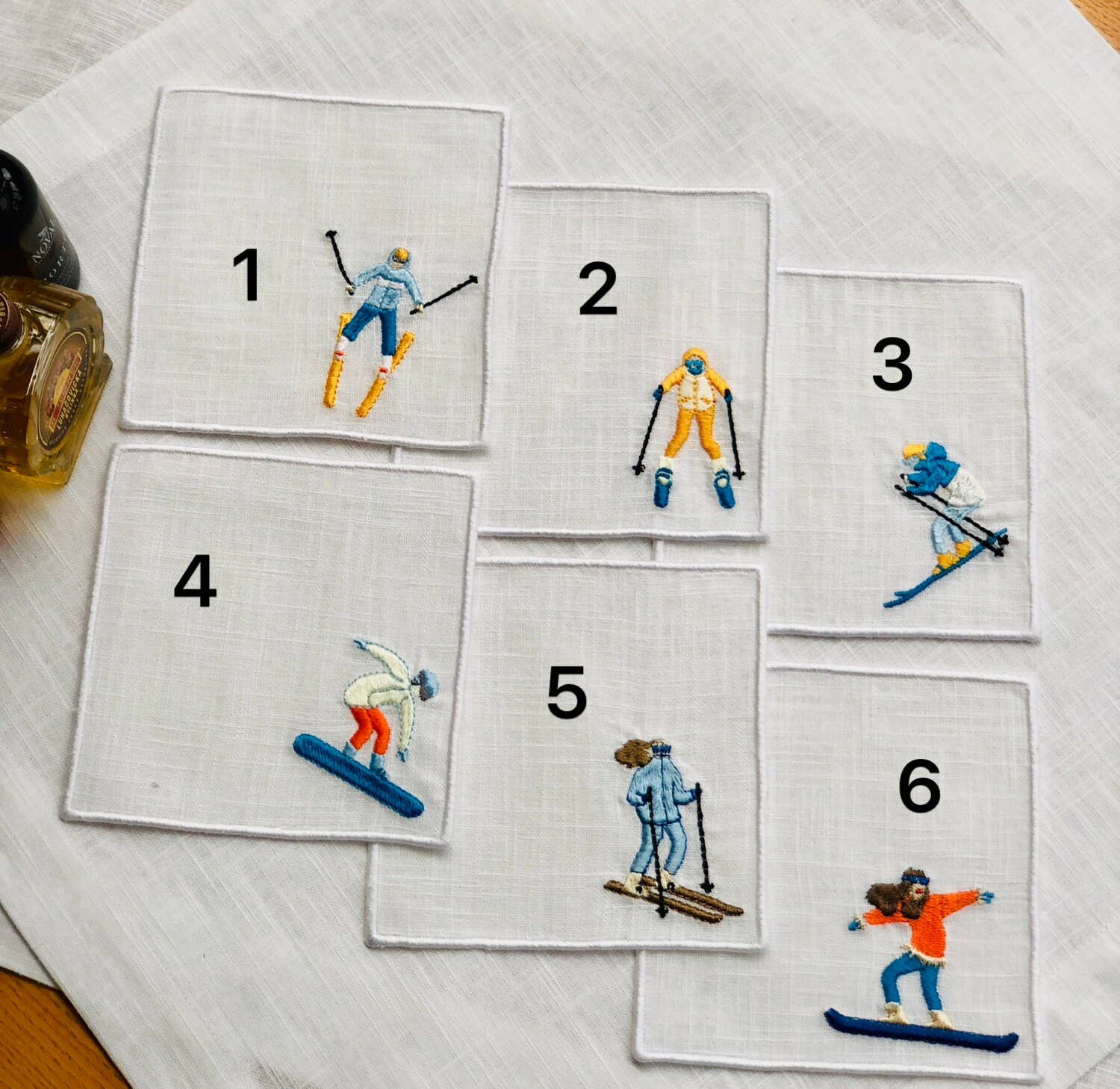 Set of 4/6 Embroider Winter Sport Olympics Cocktail Napkins