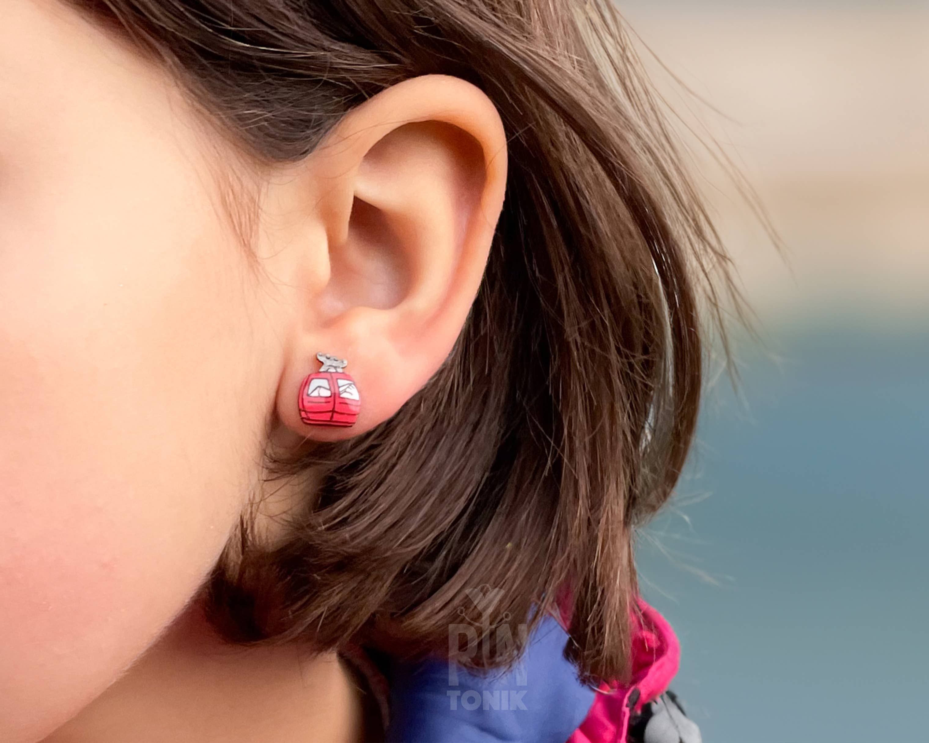 Ski Gondola Stud Earrings - Fun Apres Ski Wood Earrings