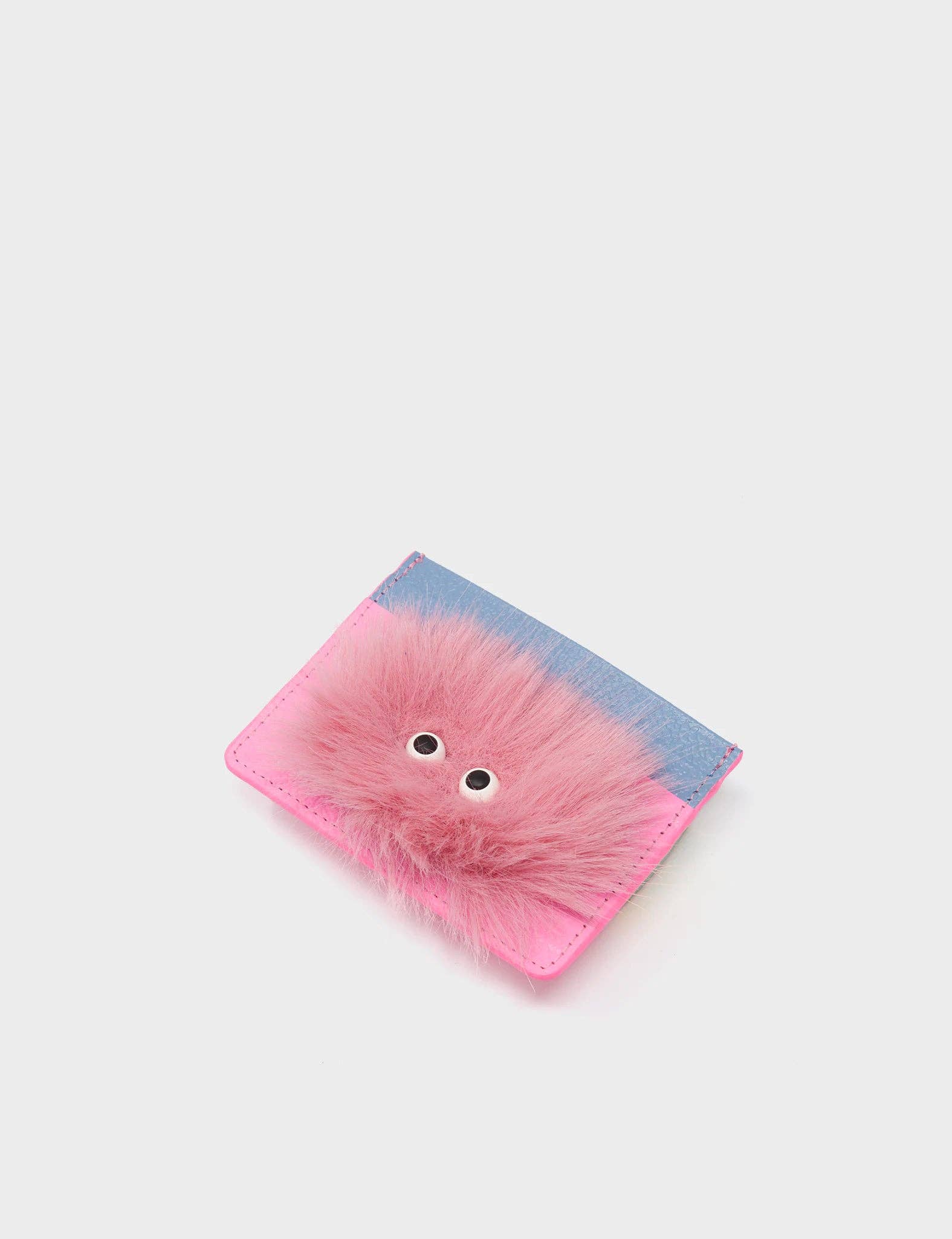 Filium Bubblegum Pink Leather Cardholder - Fuzzy Monster Applique