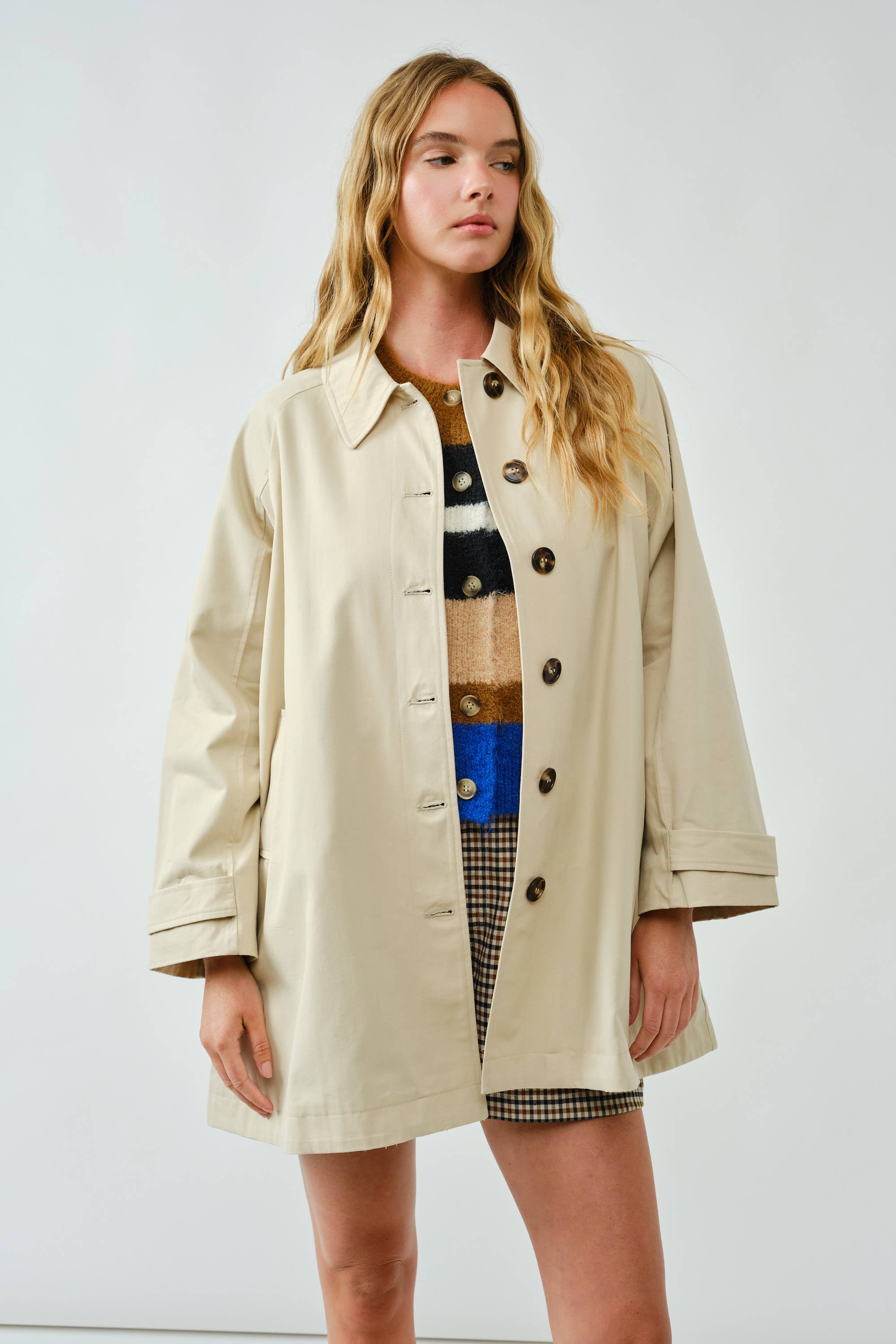 AJJ5143 A LINE TRENCH COAT WITH PLAID LINING