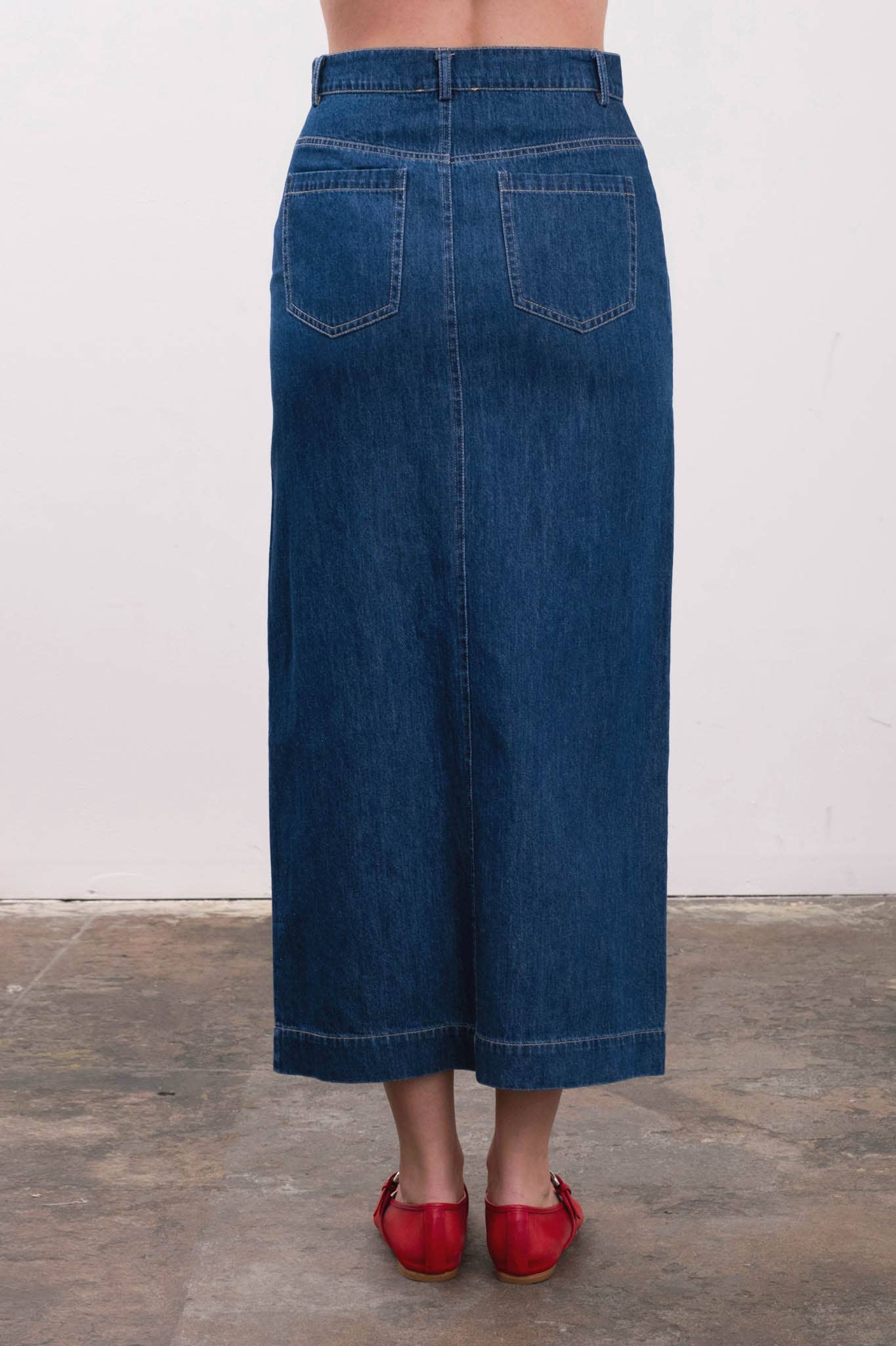 DENIM BUTTON FRONT DETAIL MIDI SKIRT