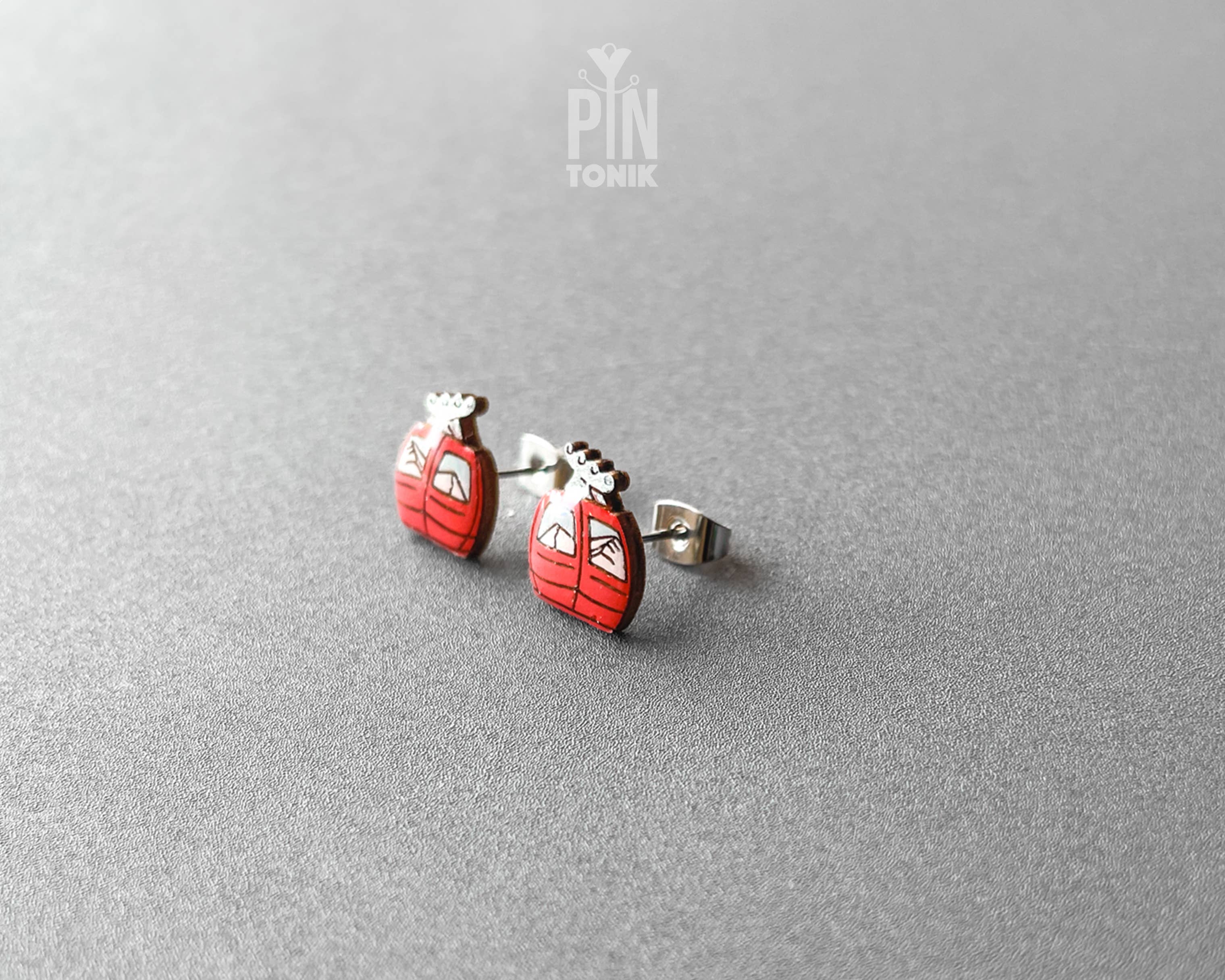 Ski Gondola Stud Earrings - Fun Apres Ski Wood Earrings