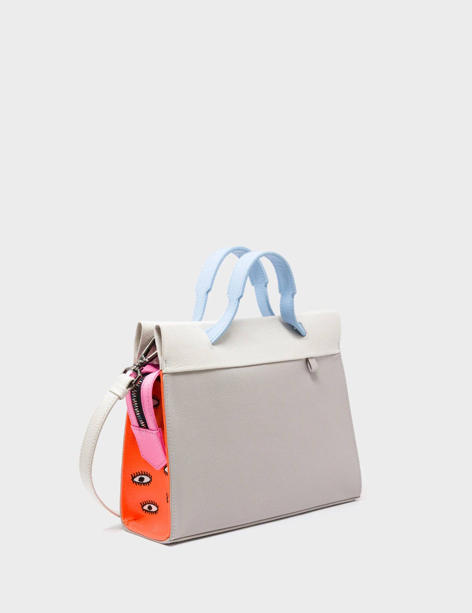 Vali Crossbody Small Gray Leather Bag - All Over Eyes Embroidery