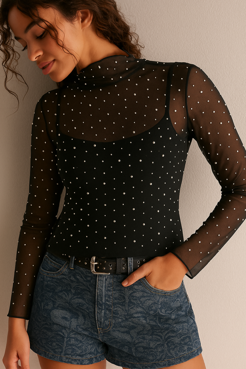 MT06008 Rhinestone & Pearl Mesh Top