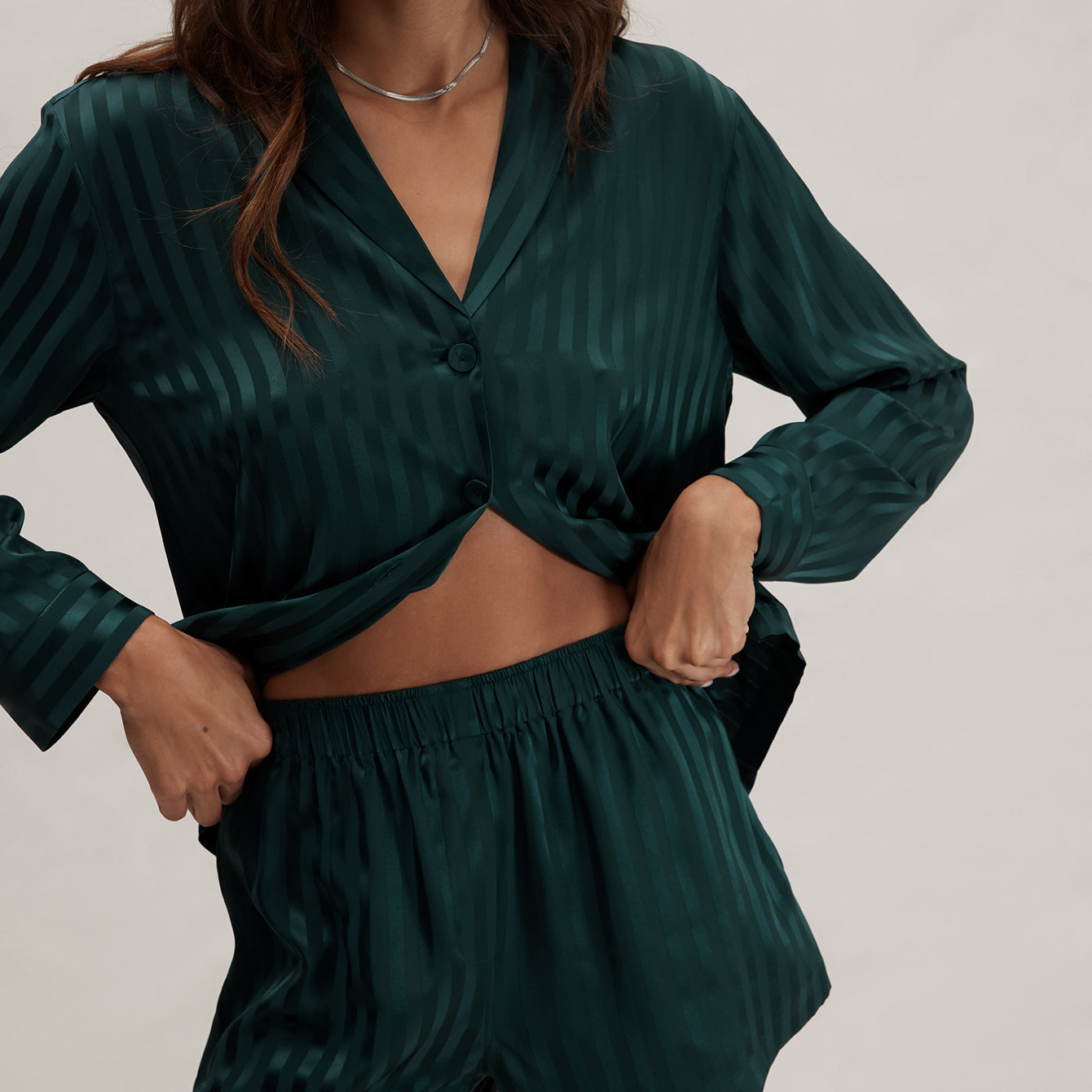 Washable Silk Striped Jacquard Button Up Long Sleeve Short Set
