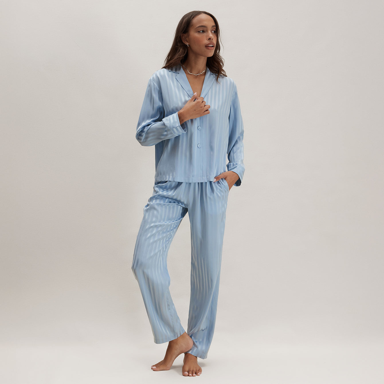 Washable Silk Striped Jacquard Long Sleeve Pant Set